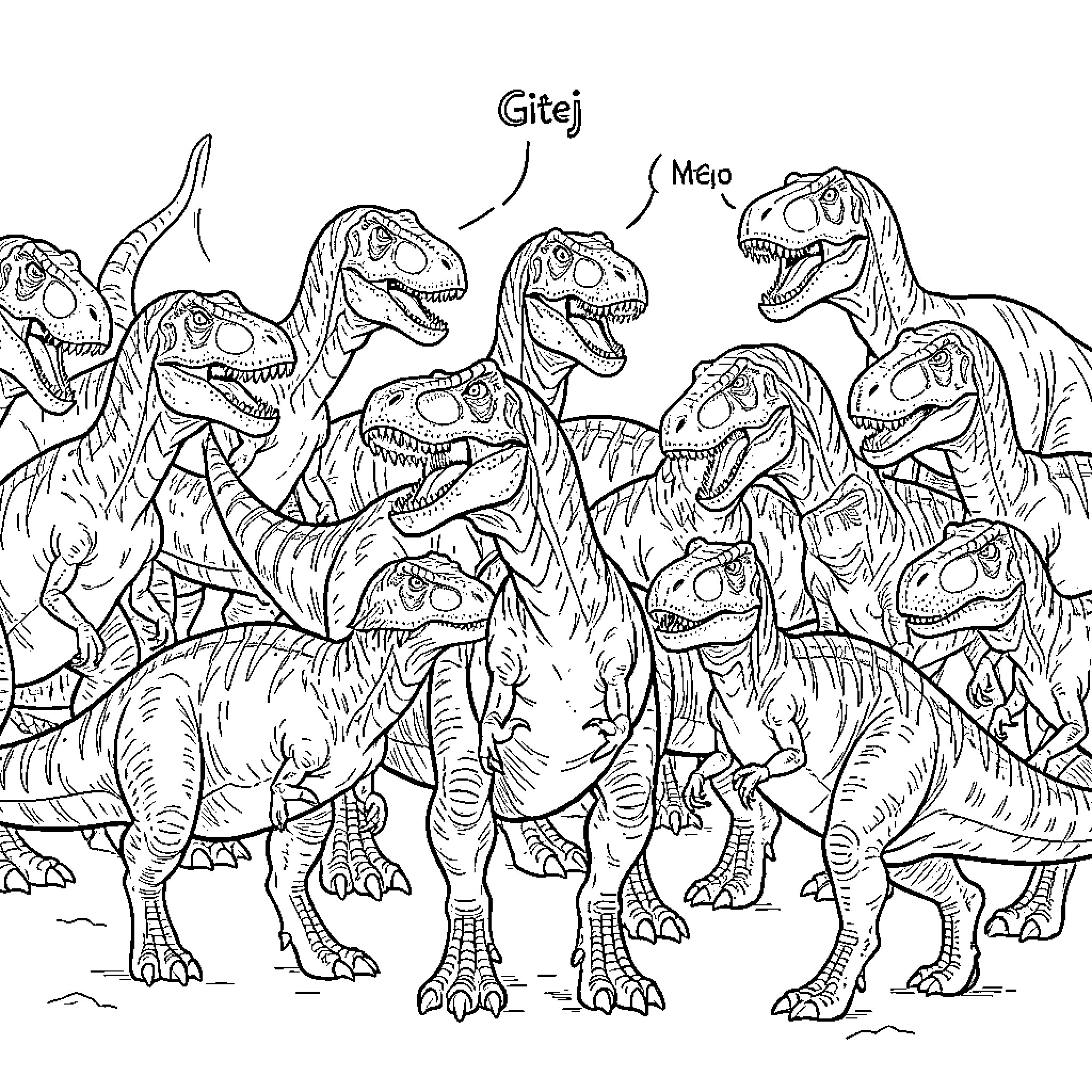 Indominus Rex Dinosaurs Gather Ferociously in the Wild Coloring Page (free black-and-white line drawing printable PDF for all, from beginners to advanced learners, including children, teens, adults, and seniors)