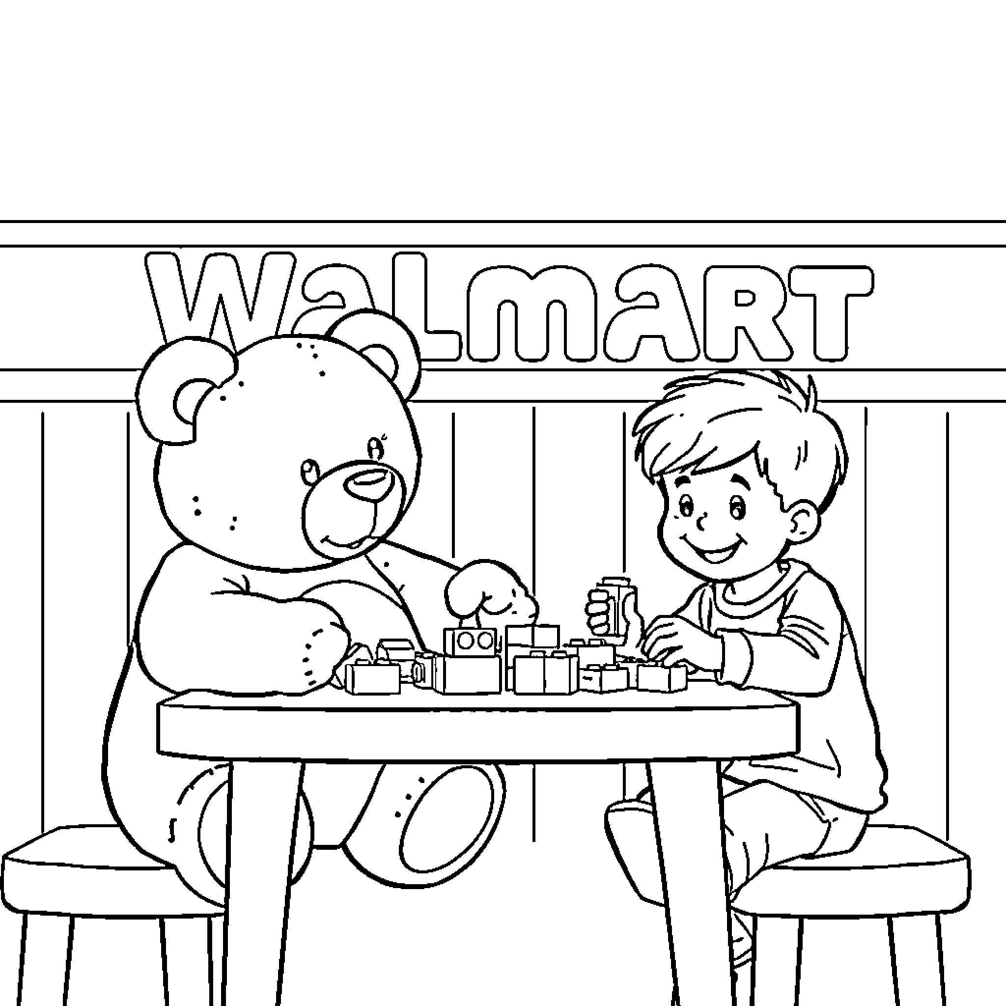 Teddy Bear and Child Playing Together at Walmart Coloring Page (free black-and-white line drawing printable PDF for all, from beginners to advanced learners, including children, teens, adults, and seniors)