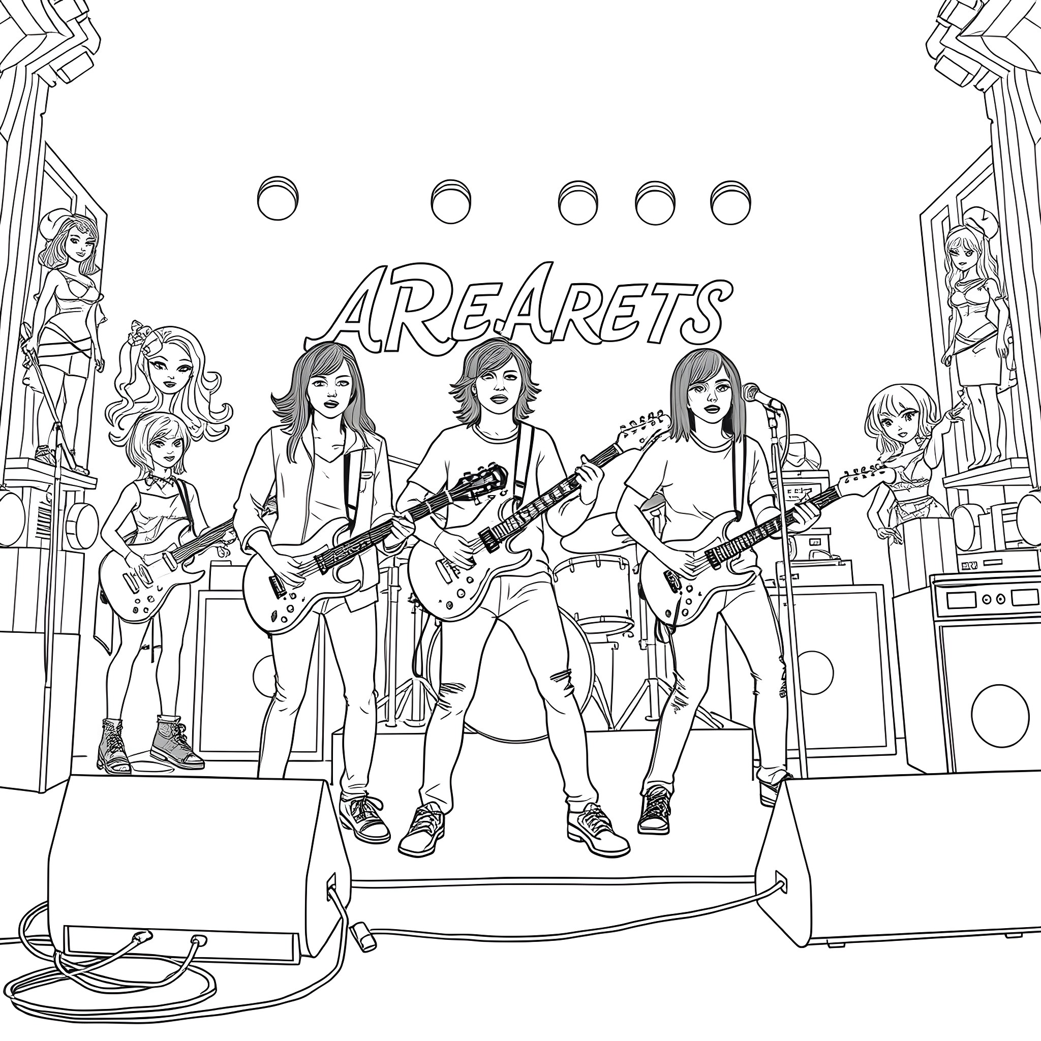 Band performing on stage with guitars and microphones Coloring Page (free black-and-white line drawing printable PDF for all, from beginners to advanced learners, including children, teens, adults, and seniors)