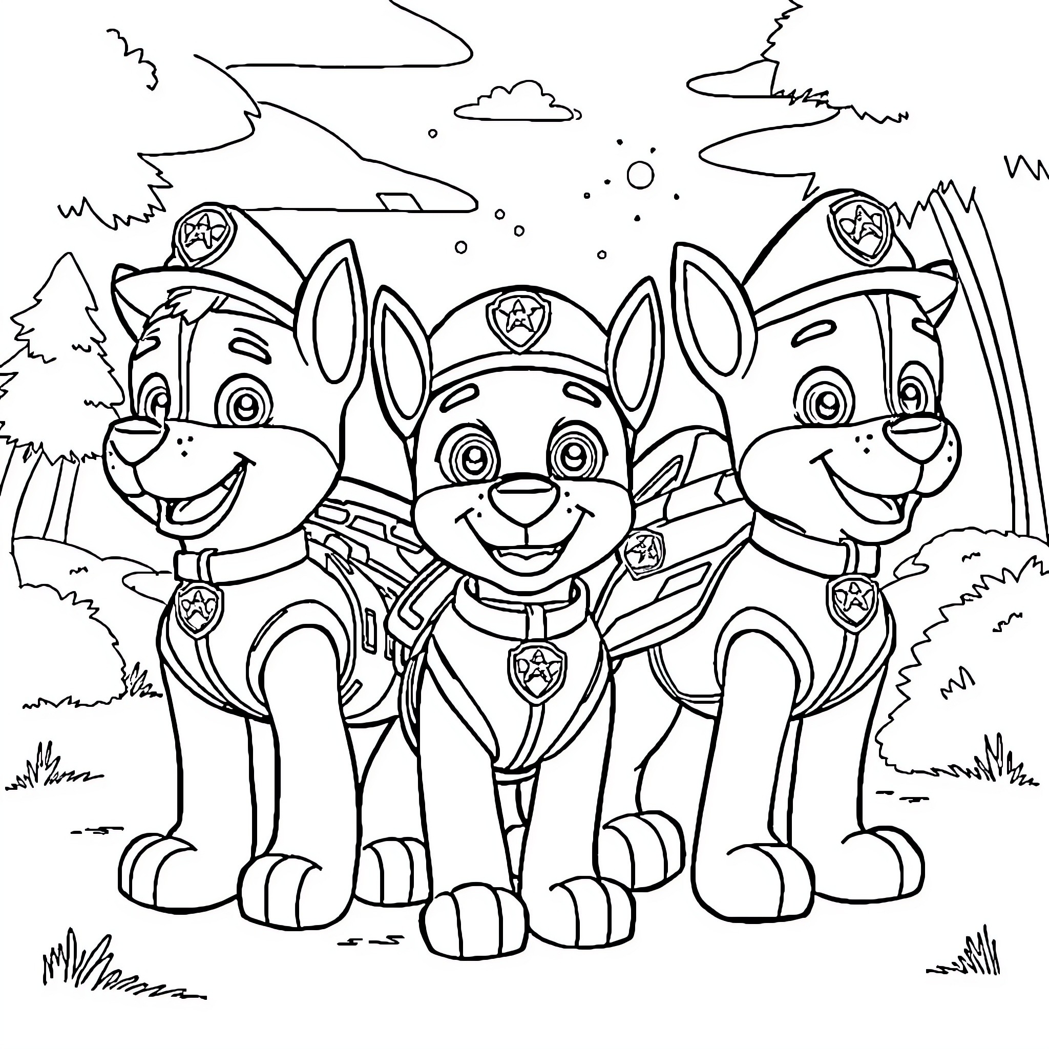 Paw Patrol Team Assemble in Outdoor Adventure Coloring Page (free black-and-white line drawing printable PDF for all, from beginners to advanced learners, including children, teens, adults, and seniors)