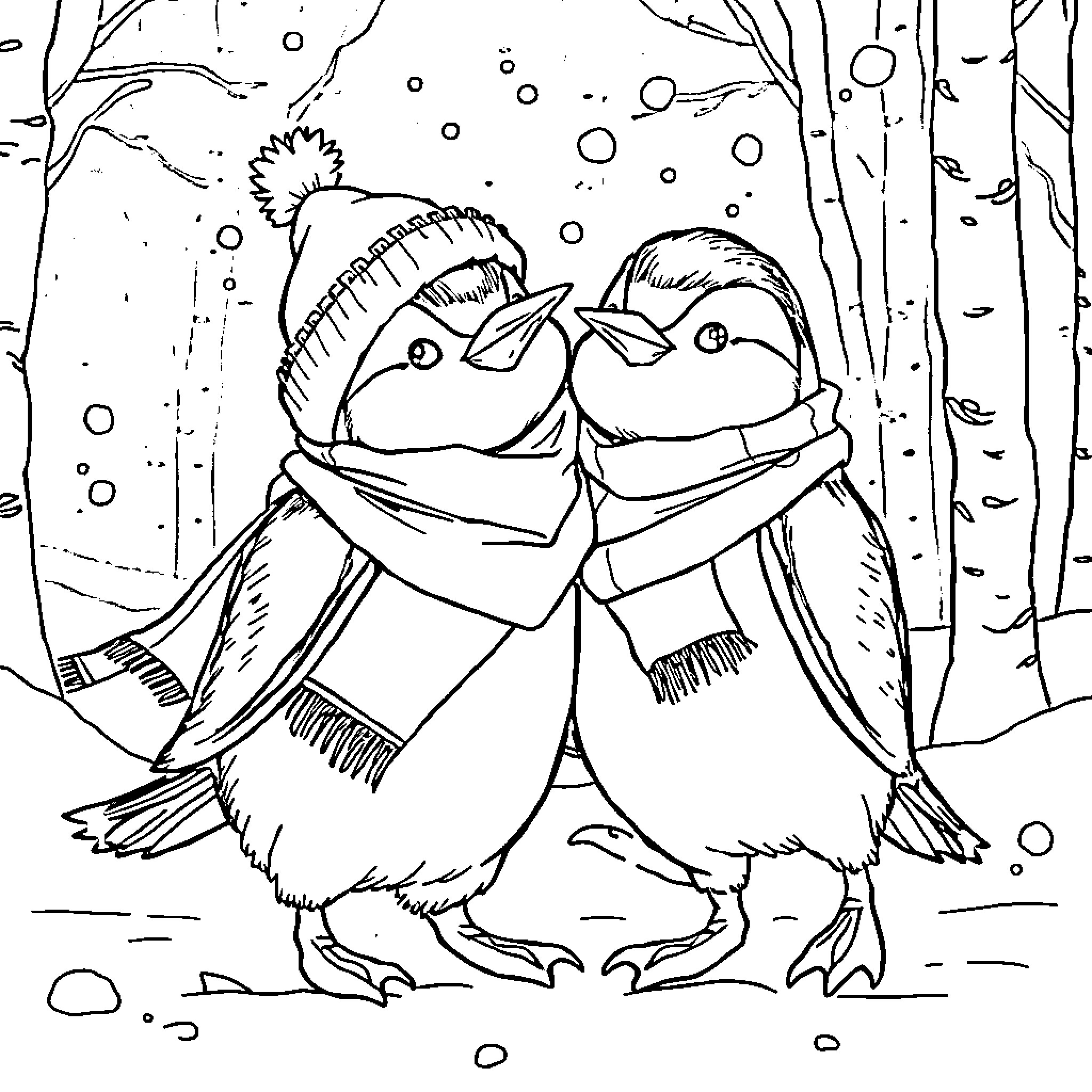 Penguin couple embracing in winter wonderland Coloring Page (free black-and-white line drawing printable PDF for all, from beginners to advanced learners, including children, teens, adults, and seniors)