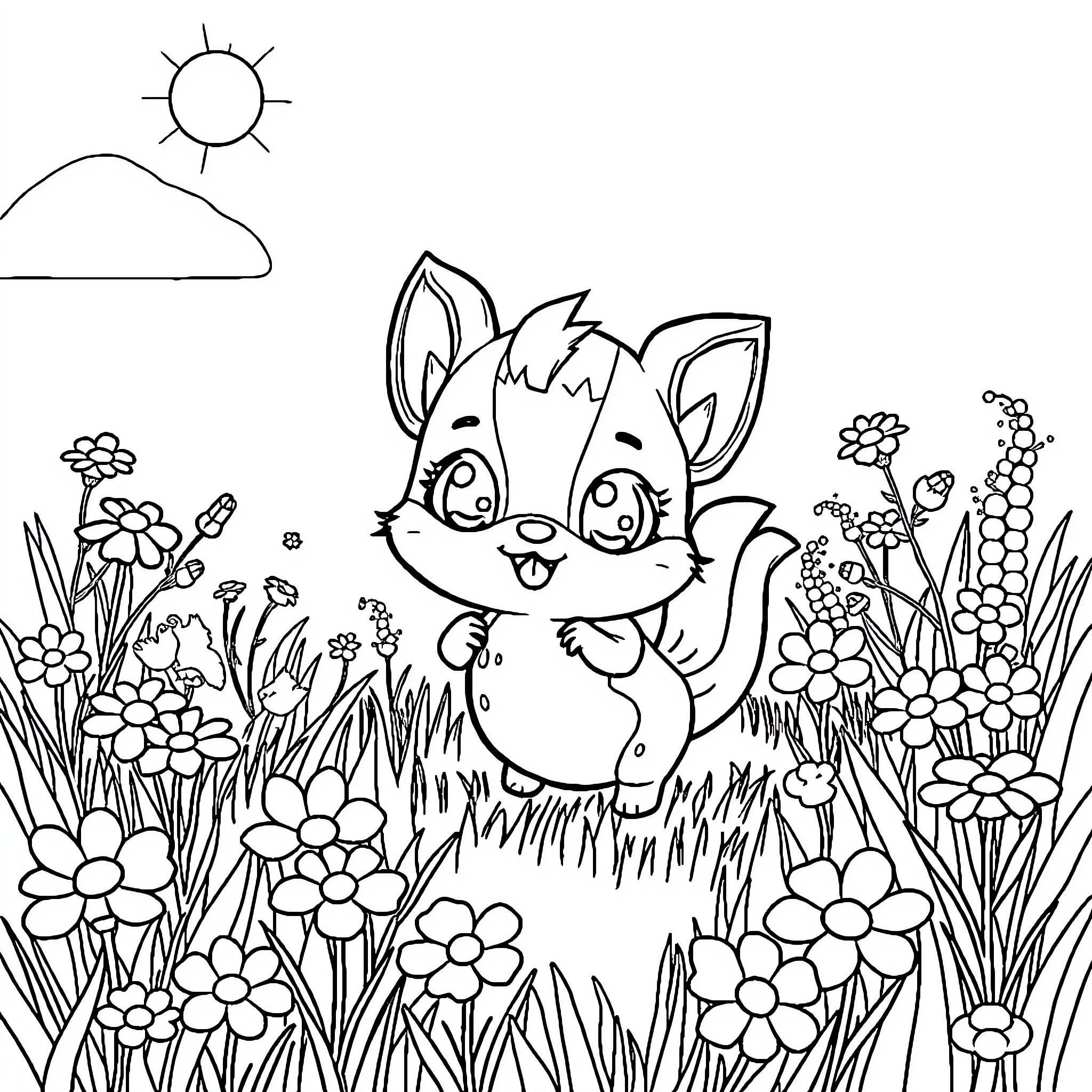 Sprunki the playful creature in a blooming meadow Coloring Page (free black-and-white line drawing printable PDF for all, from beginners to advanced learners, including children, teens, adults, and seniors)