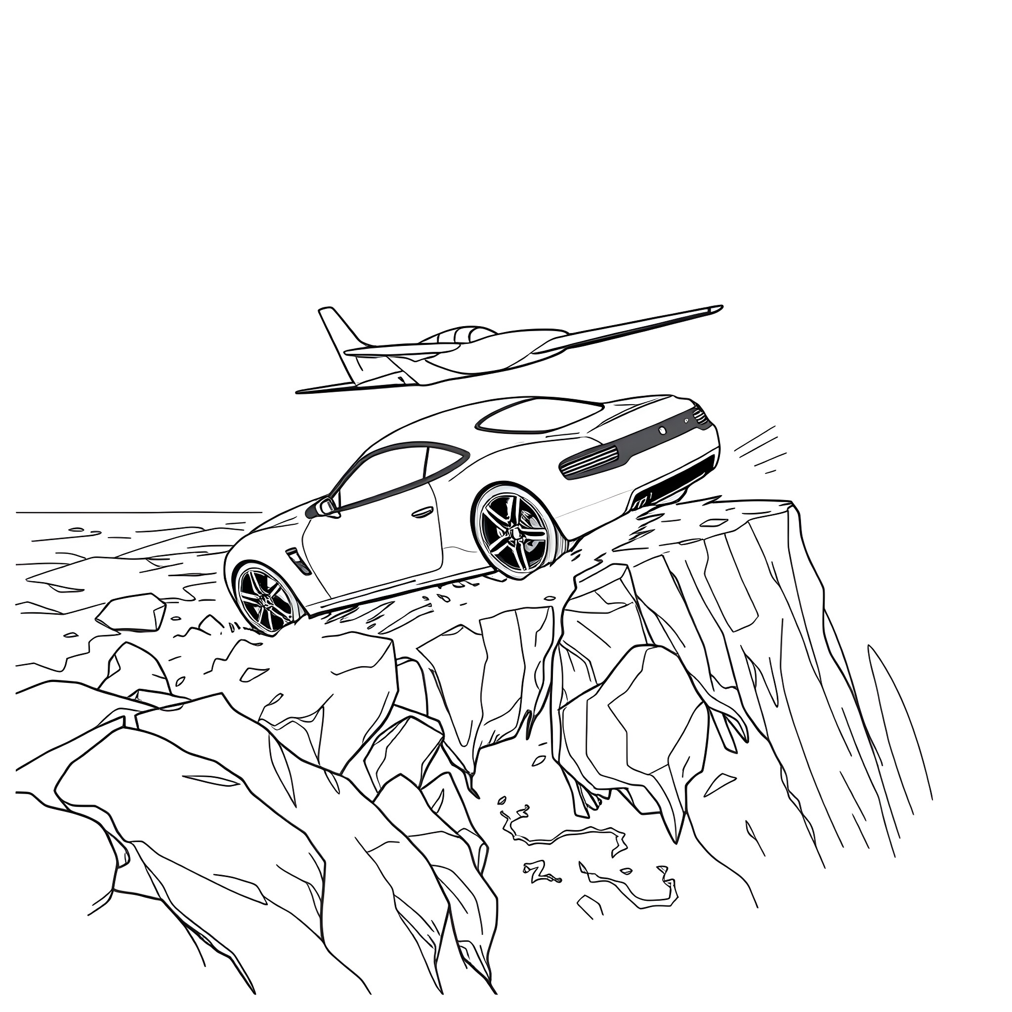 Car Jumping Over Rocky Cliff with Plane Coloring Page (free black-and-white line drawing printable PDF for all, from beginners to advanced learners, including children, teens, adults, and seniors)