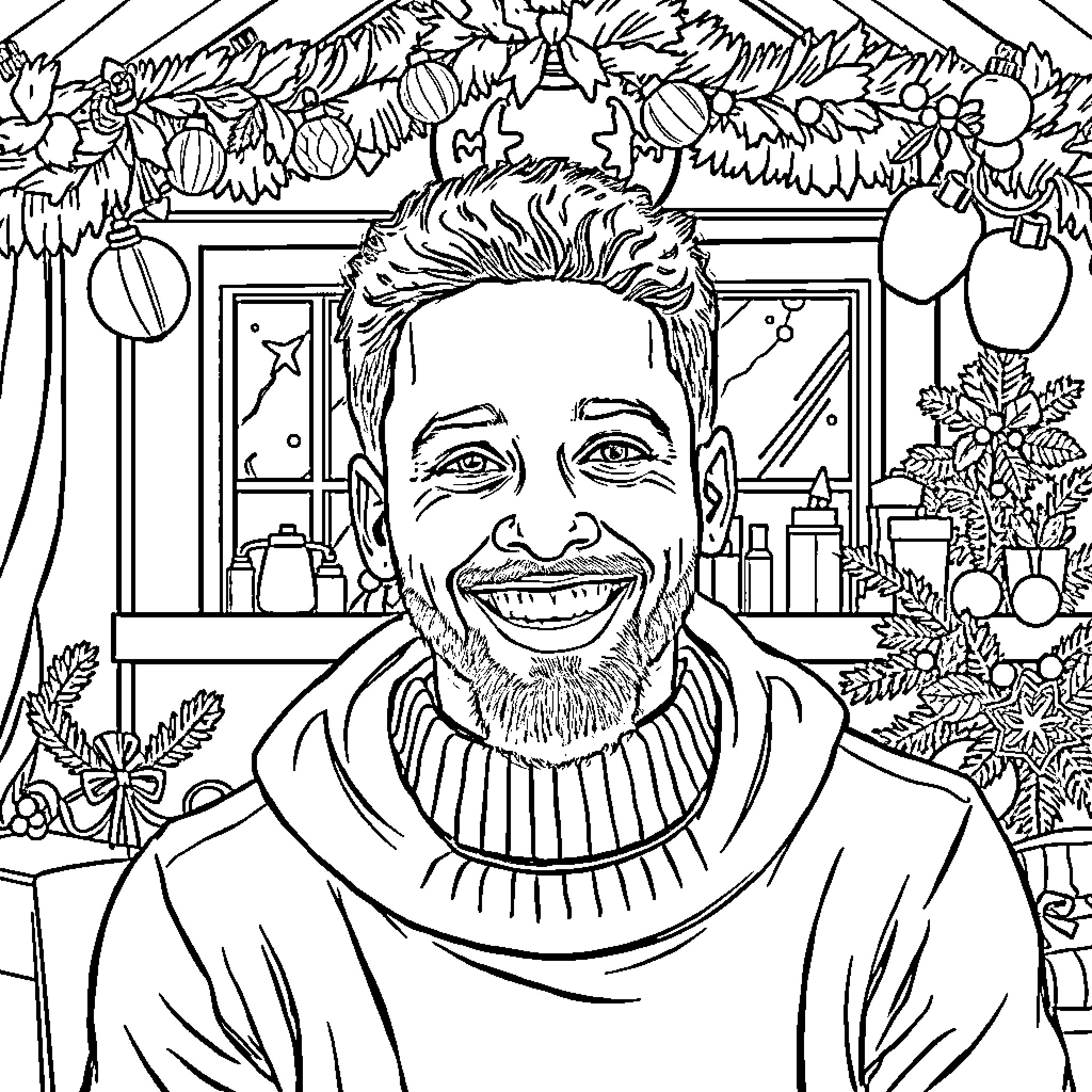 Stephy Curry enjoying the festive holiday decor Coloring Page (free black-and-white line drawing printable PDF for all, from beginners to advanced learners, including children, teens, adults, and seniors)