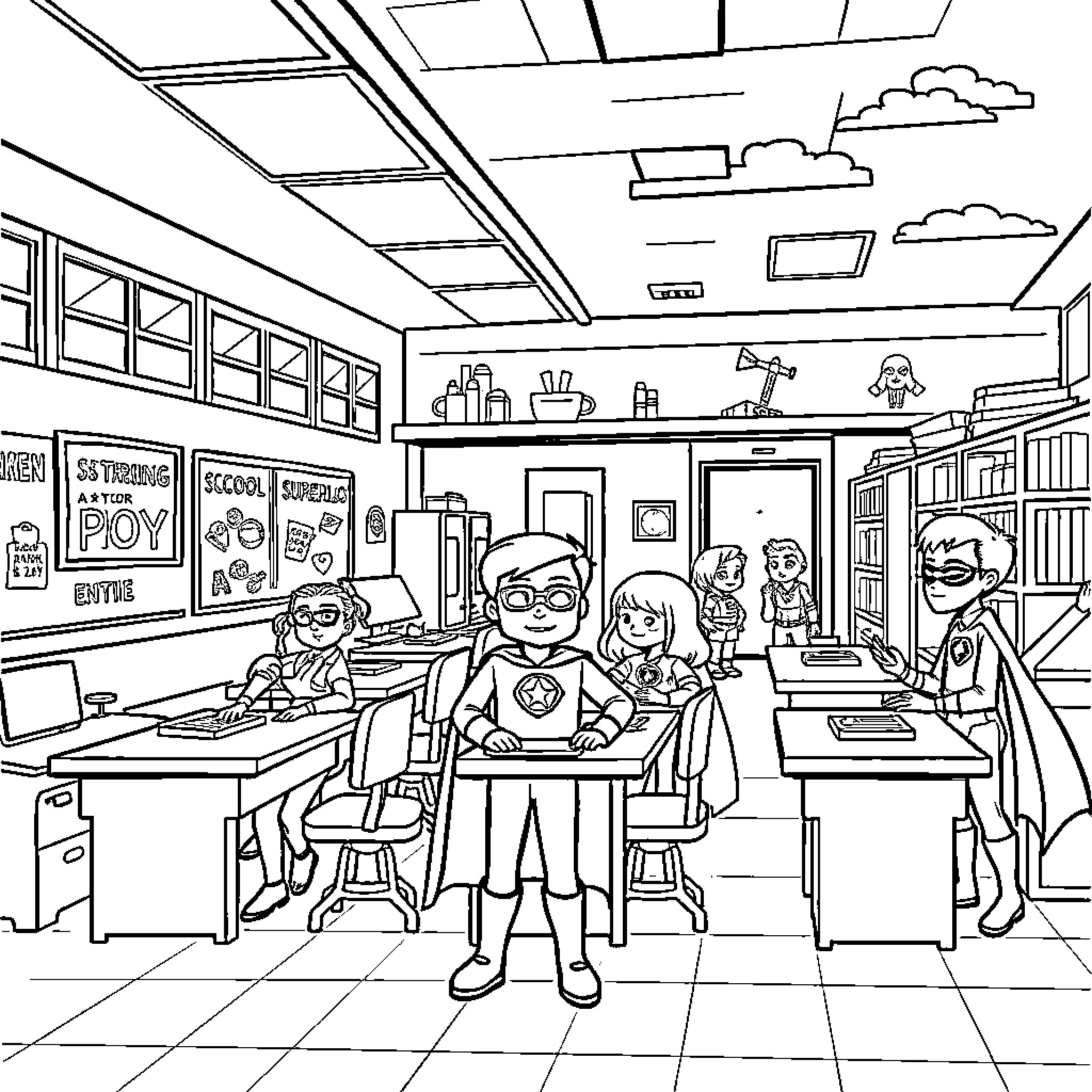 Superhero Students Studying in Classroom Coloring Page (free black-and-white line drawing printable PDF for all, from beginners to advanced learners, including children, teens, adults, and seniors)