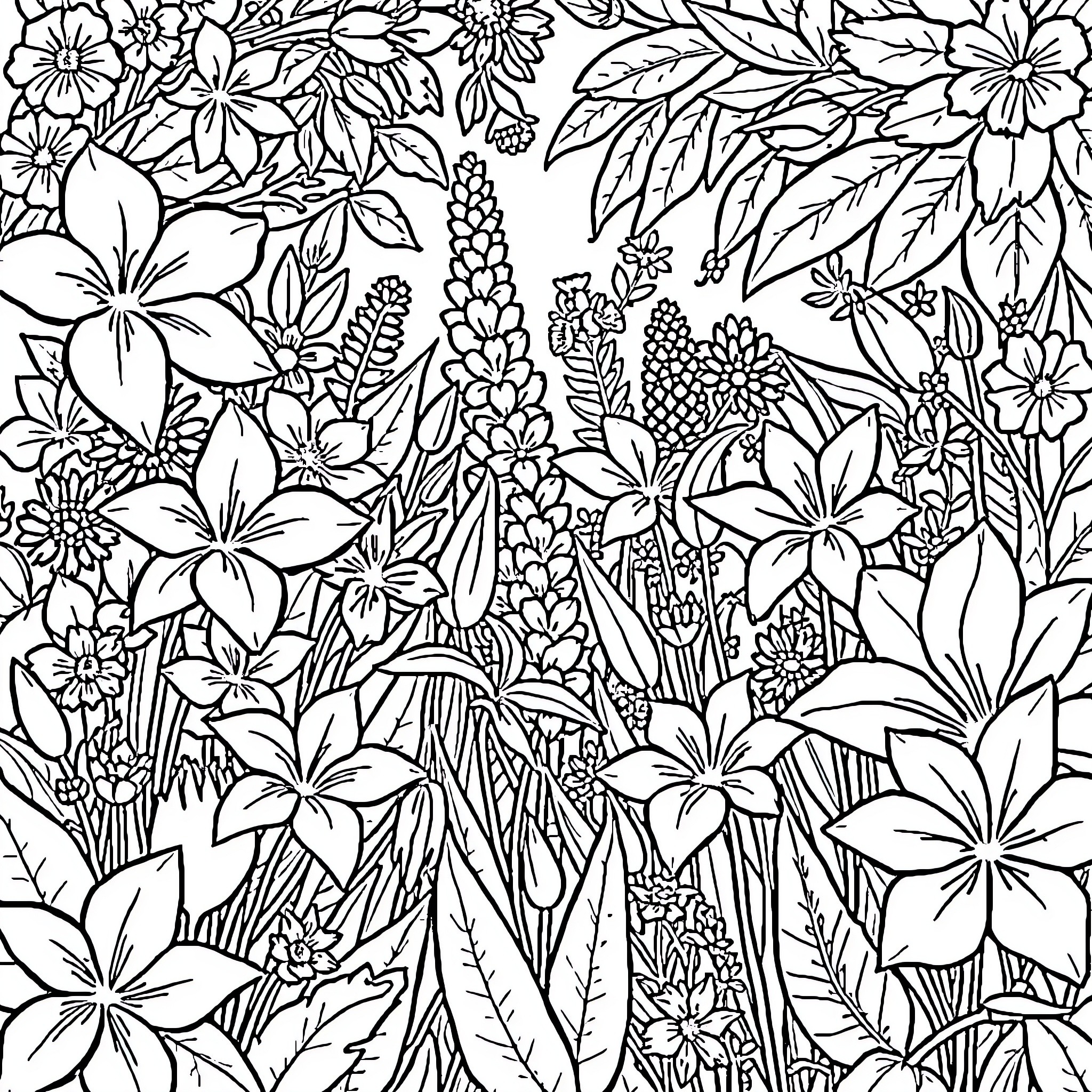 Flower Filled Botanical Illustration Coloring Page (free black-and-white line drawing printable PDF for all, from beginners to advanced learners, including children, teens, adults, and seniors)