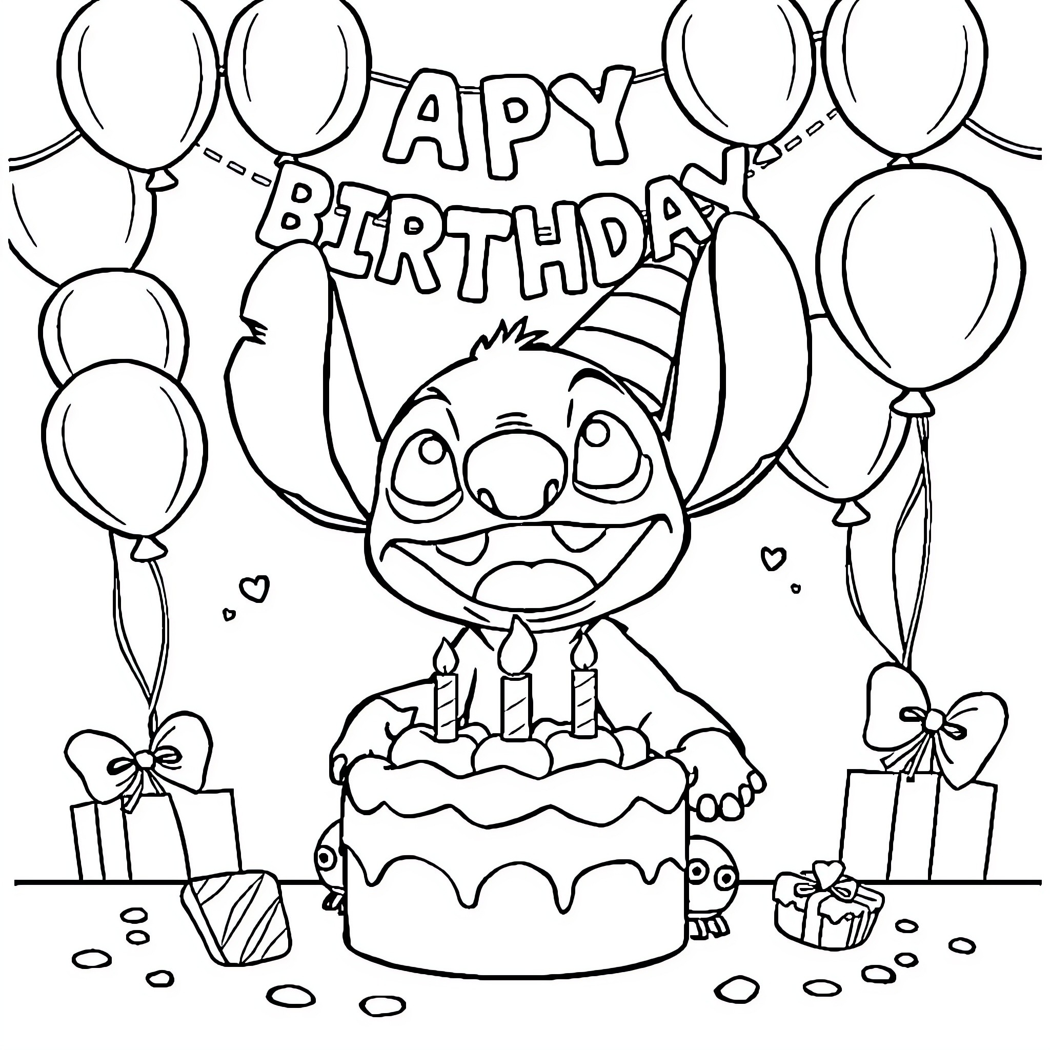 Stitch's Happy Birthday Celebration Coloring Page (free black-and-white line drawing printable PDF for all, from beginners to advanced learners, including children, teens, adults, and seniors)
