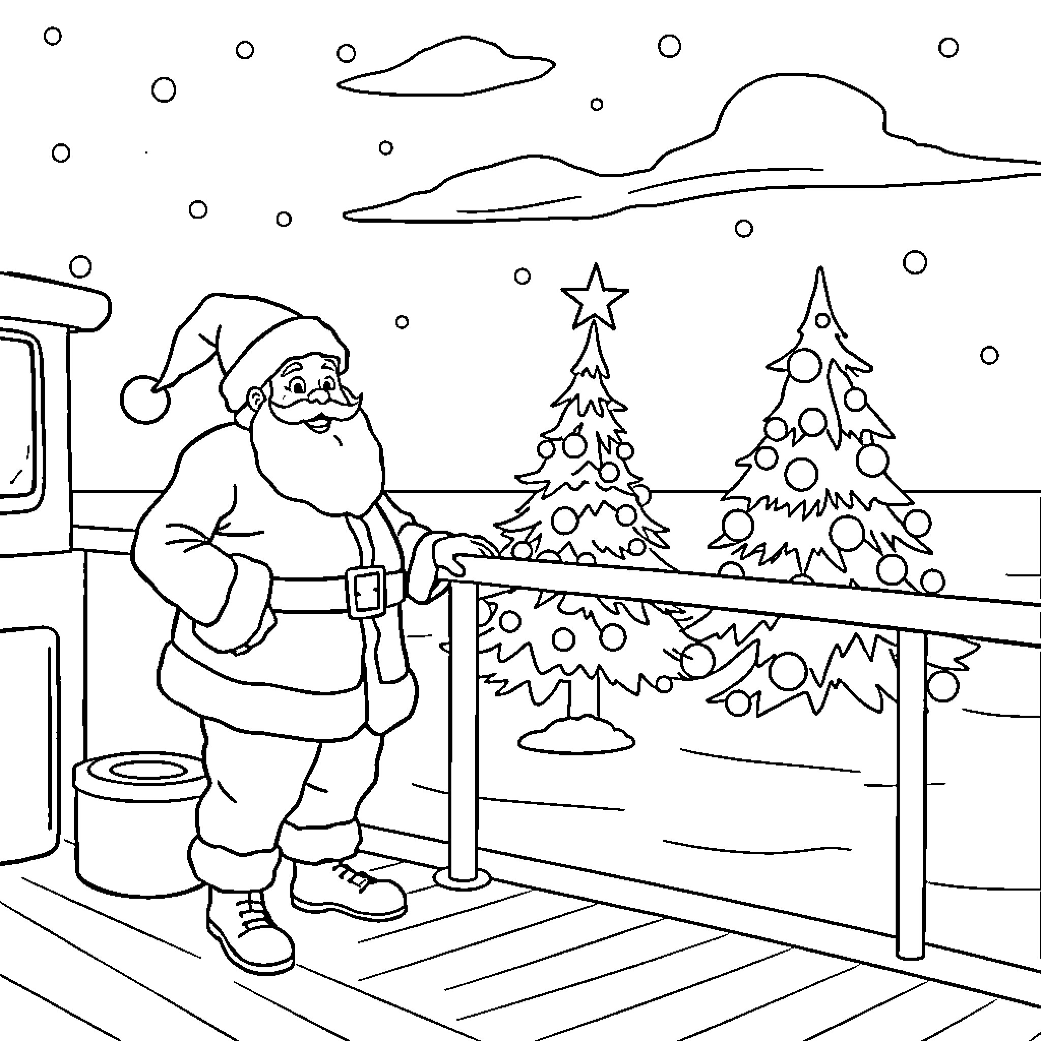 Santa decorating Christmas trees in the snowy scene Coloring Page (free black-and-white line drawing printable PDF for all, from beginners to advanced learners, including children, teens, adults, and seniors)