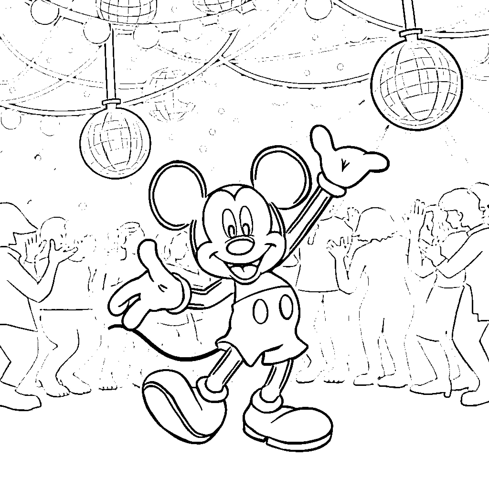 Mickey Mouse dancing at a disco party Coloring Page (free black-and-white line drawing printable PDF for all, from beginners to advanced learners, including children, teens, adults, and seniors)
