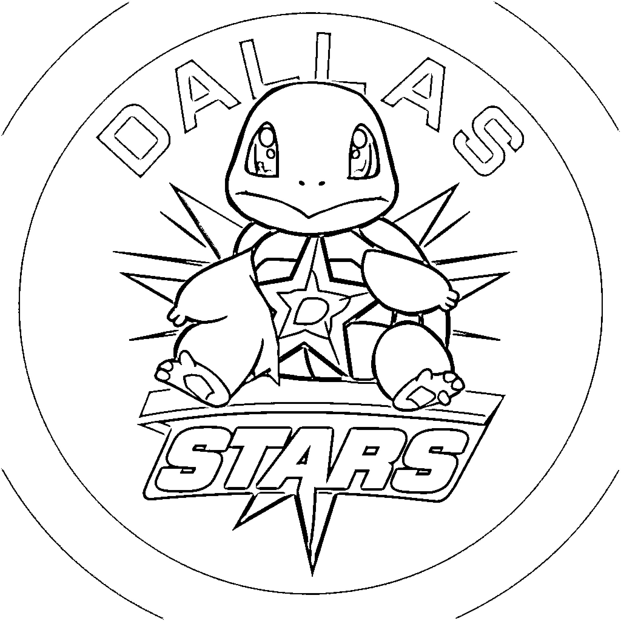 Squirtle playing as Dallas Stars mascot Coloring Page (free black-and-white line drawing printable PDF for all, from beginners to advanced learners, including children, teens, adults, and seniors)
