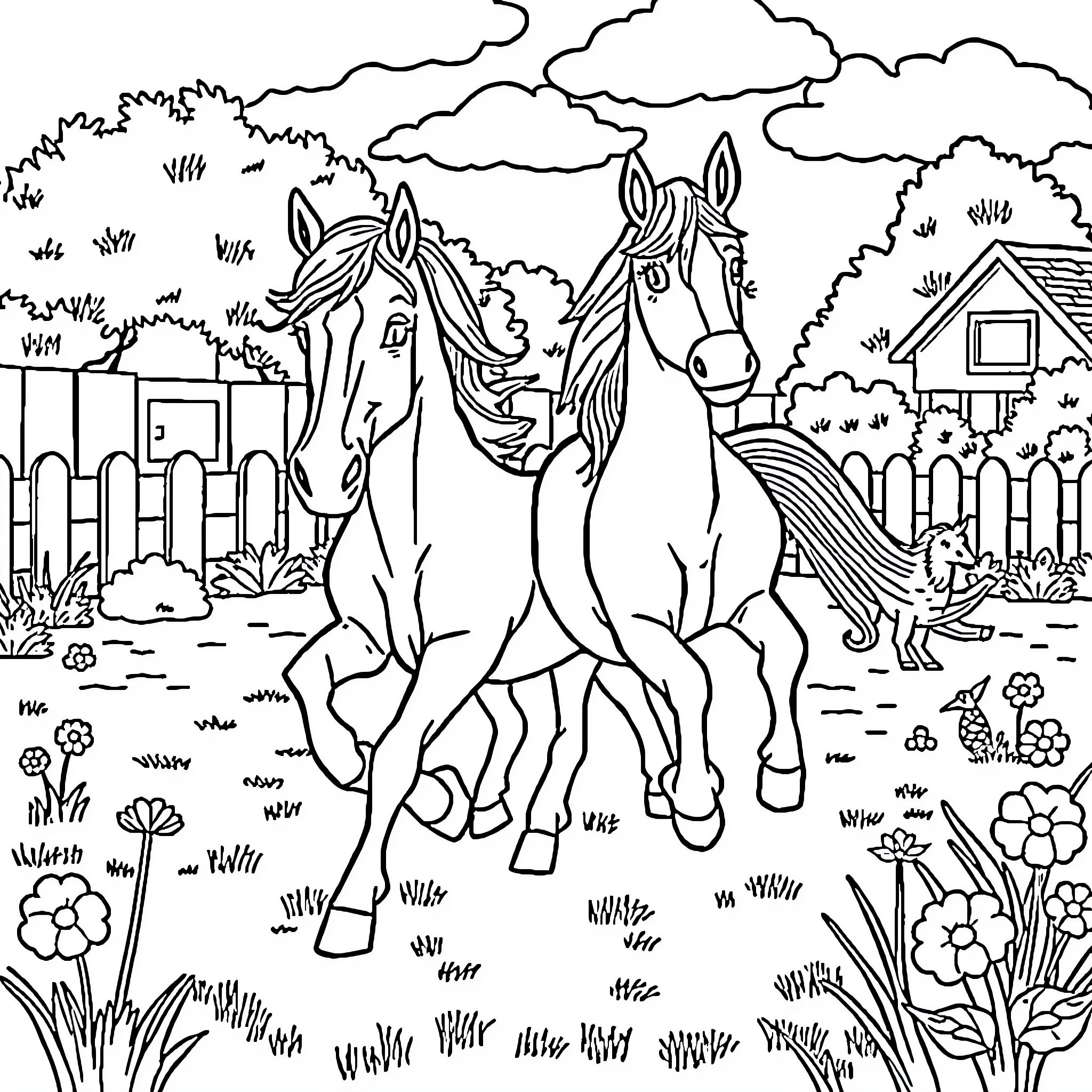 Bluey's Playful Horses Adventure in the Countryside Coloring Page (free black-and-white line drawing printable PDF for all, from beginners to advanced learners, including children, teens, adults, and seniors)