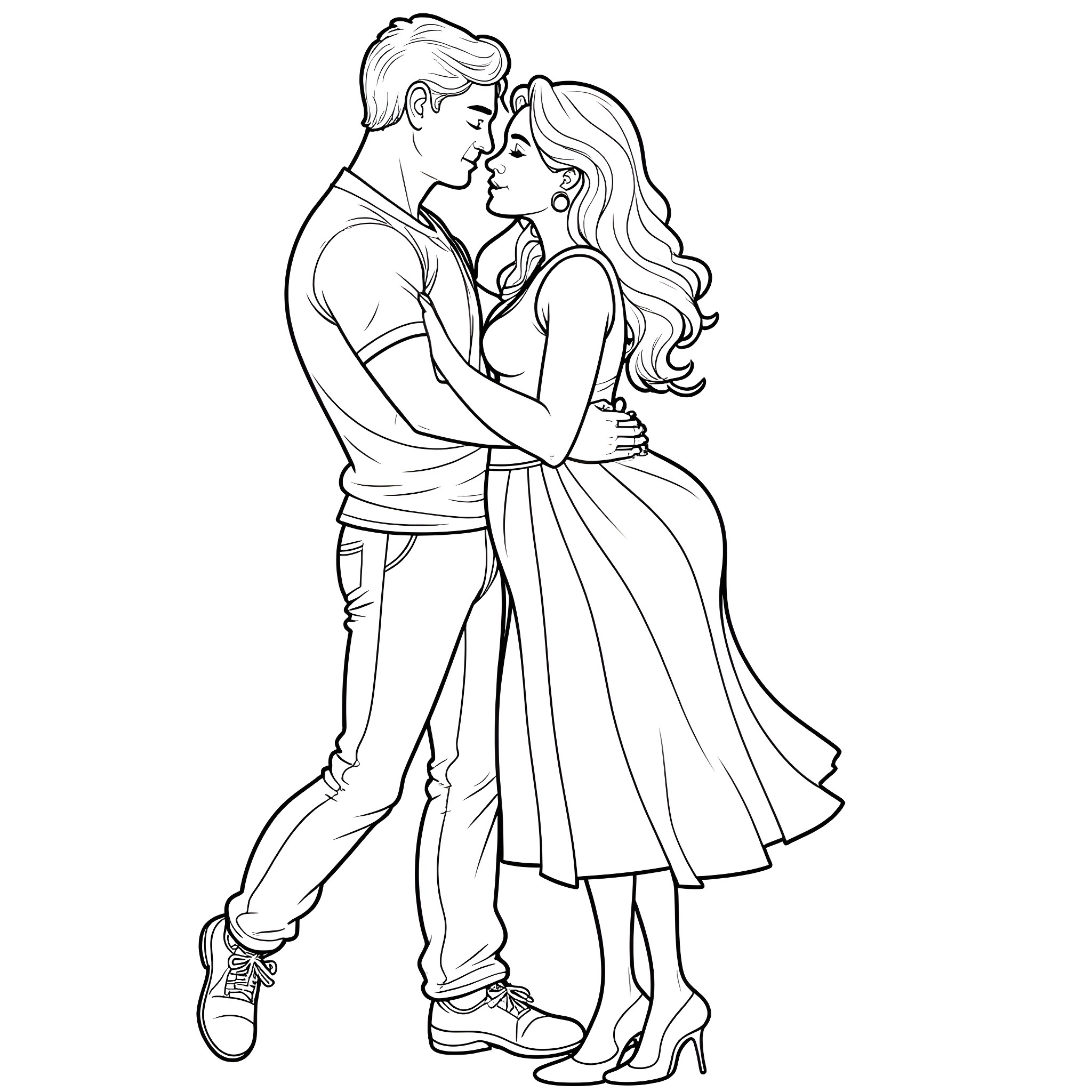 Couple in romantic embrace Coloring Page (free black-and-white line drawing printable PDF for all, from beginners to advanced learners, including children, teens, adults, and seniors)