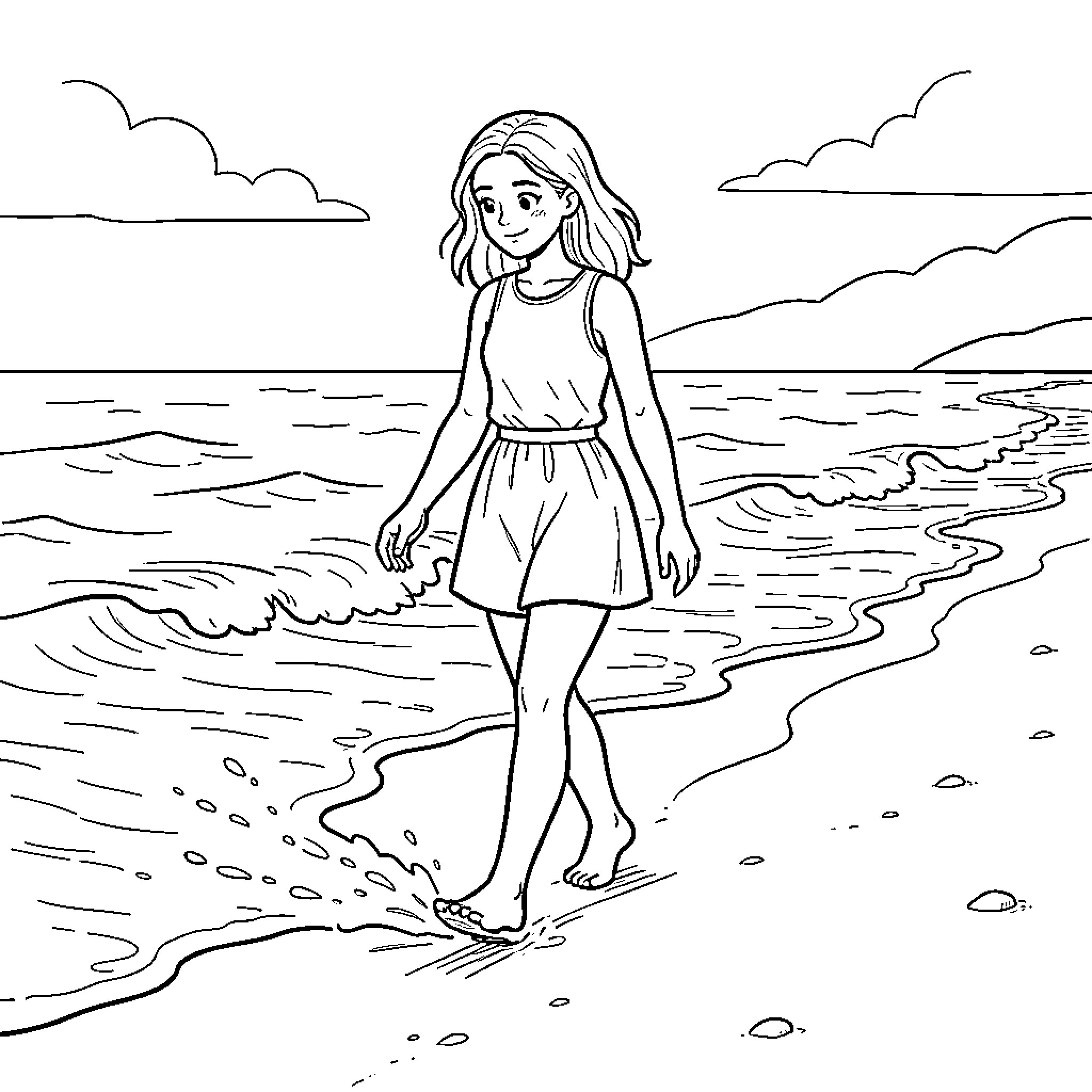 Ellie walking peacefully along the shoreline Coloring Page (free black-and-white line drawing printable PDF for all, from beginners to advanced learners, including children, teens, adults, and seniors)