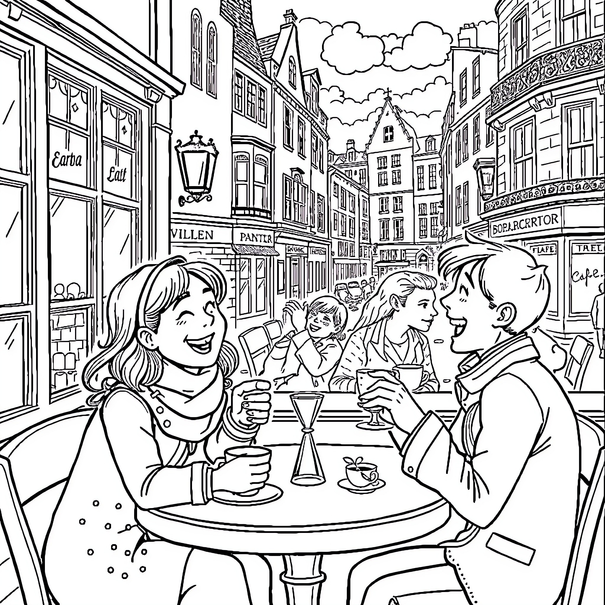 Bridgerton characters enjoying a casual outing in a quaint town Coloring Page (free black-and-white line drawing printable PDF for all, from beginners to advanced learners, including children, teens, adults, and seniors)