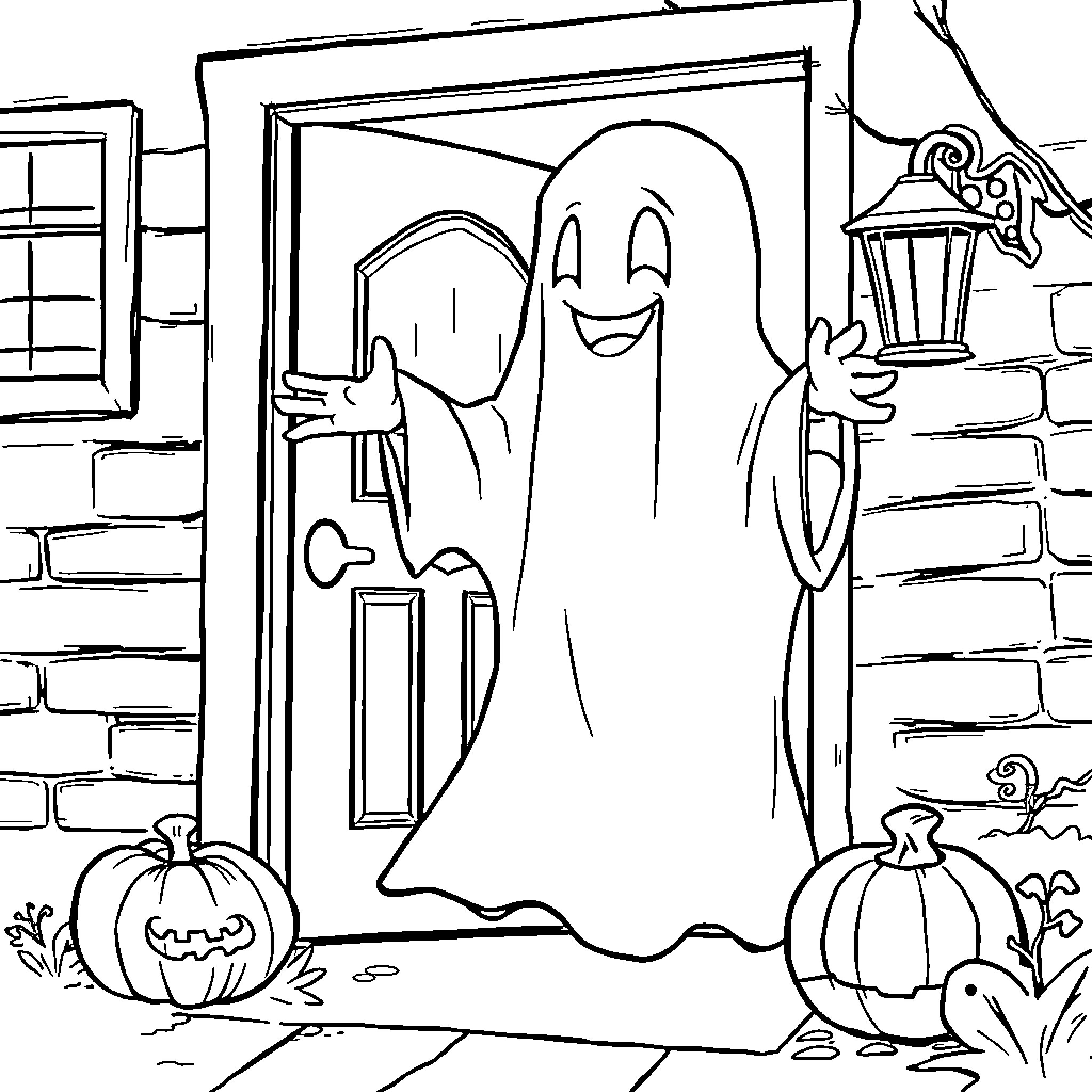 Ghost greeting with a lantern on Halloween Coloring Page (free black-and-white line drawing printable PDF for all, from beginners to advanced learners, including children, teens, adults, and seniors)