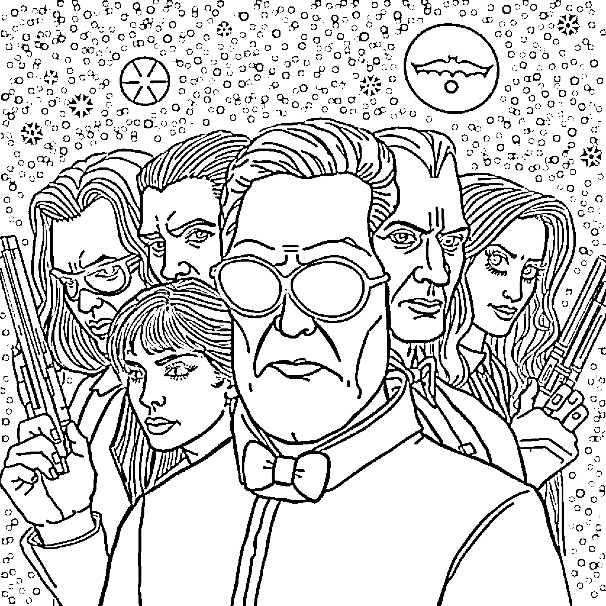 Movie Character Group Assembled in Dramatic Scene Coloring Page (free black-and-white line drawing printable PDF for all, from beginners to advanced learners, including children, teens, adults, and seniors)