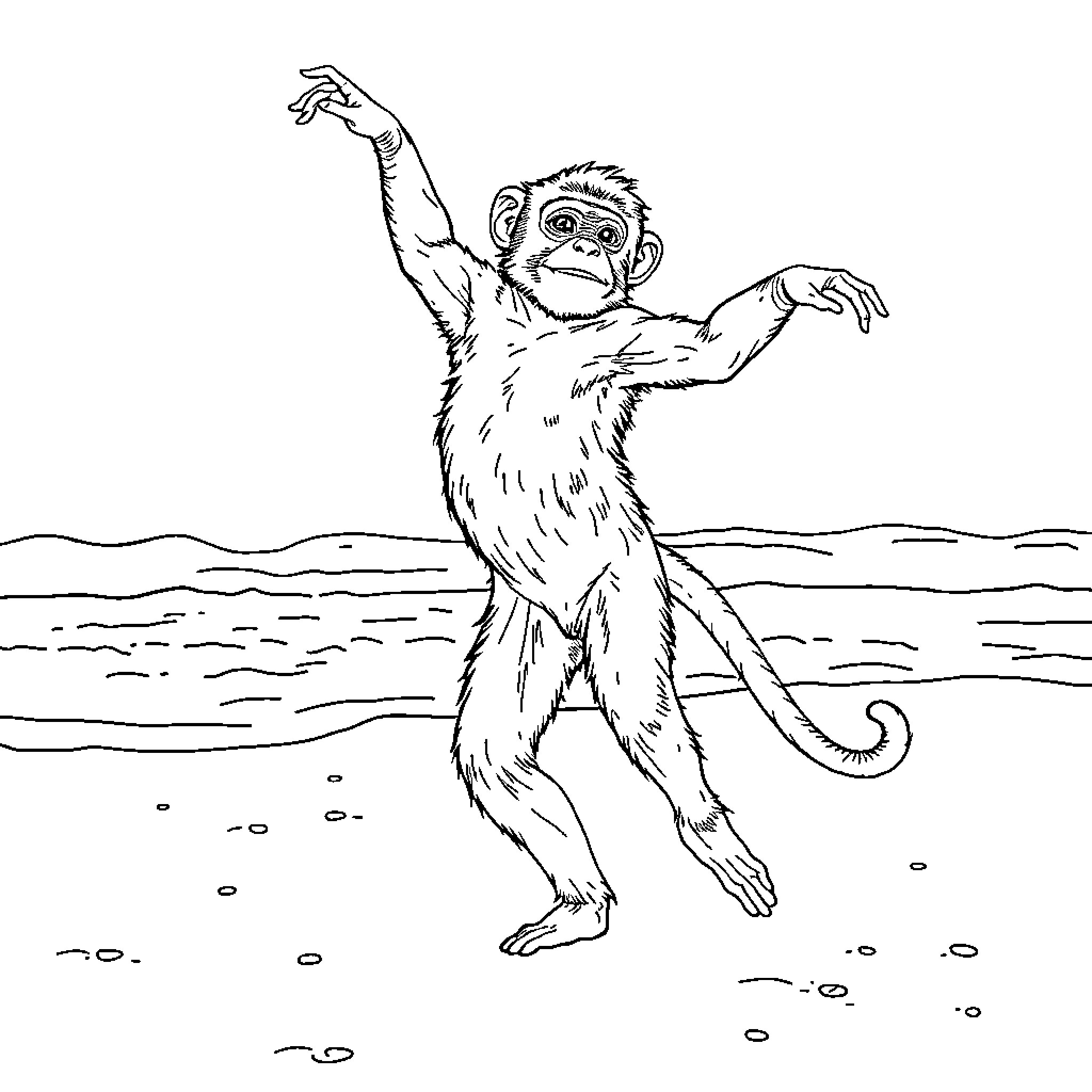 Bailarina Monkey Stretching on the Beach Coloring Page (free black-and-white line drawing printable PDF for all, from beginners to advanced learners, including children, teens, adults, and seniors)