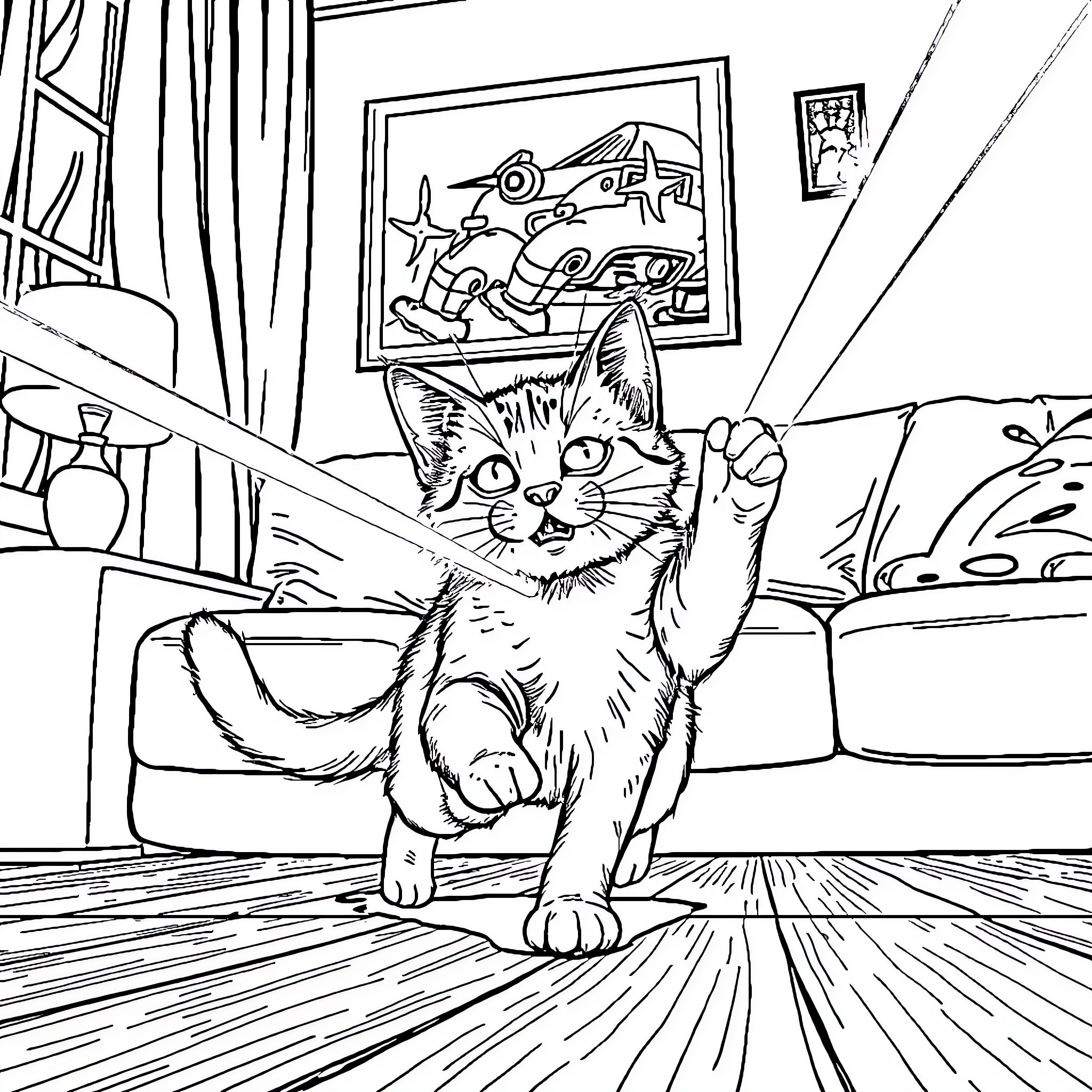 Cat exploring its surroundings in a cozy room Coloring Page (free black-and-white line drawing printable PDF for all, from beginners to advanced learners, including children, teens, adults, and seniors)