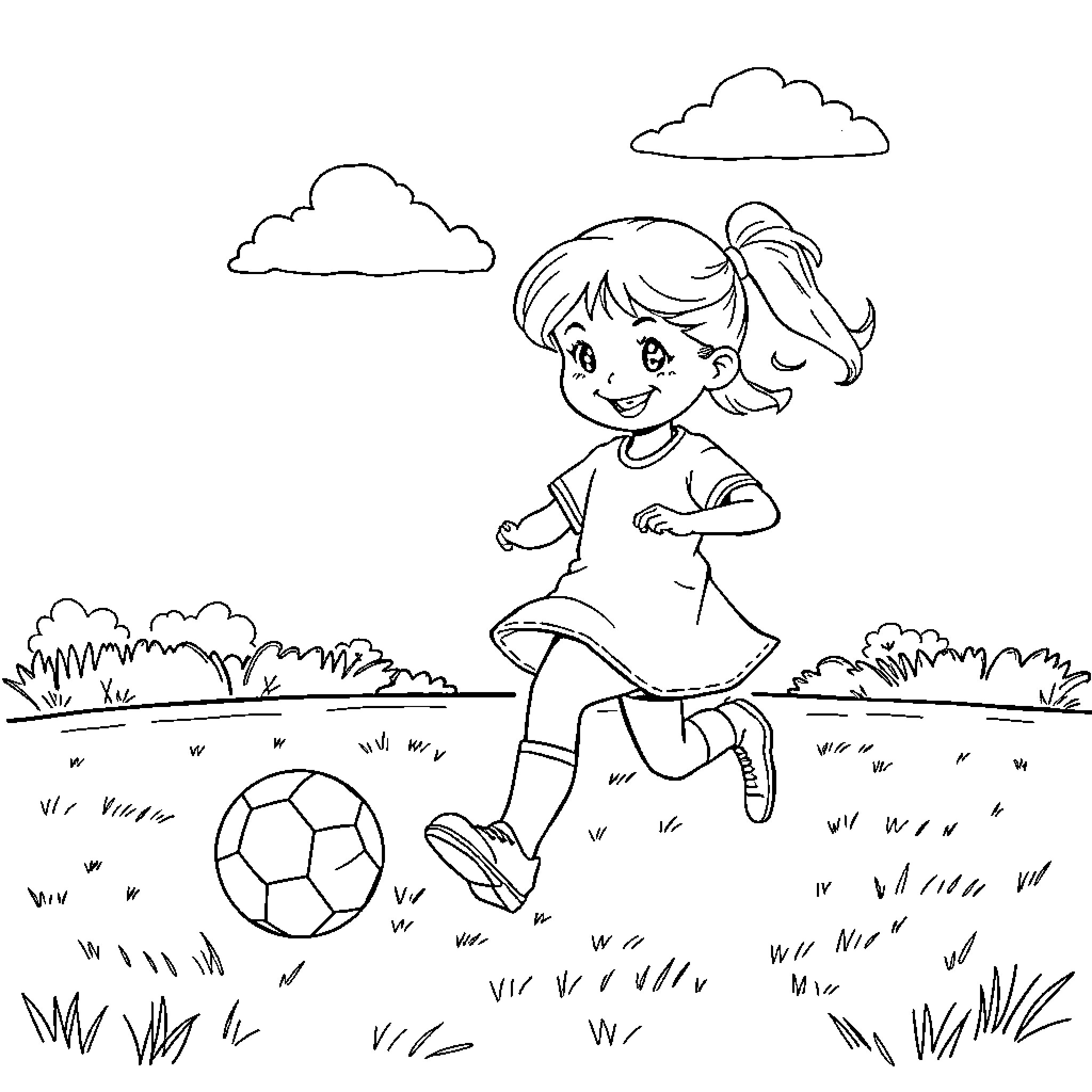 Girl playing soccer happily in the field Coloring Page (free black-and-white line drawing printable PDF for all, from beginners to advanced learners, including children, teens, adults, and seniors)