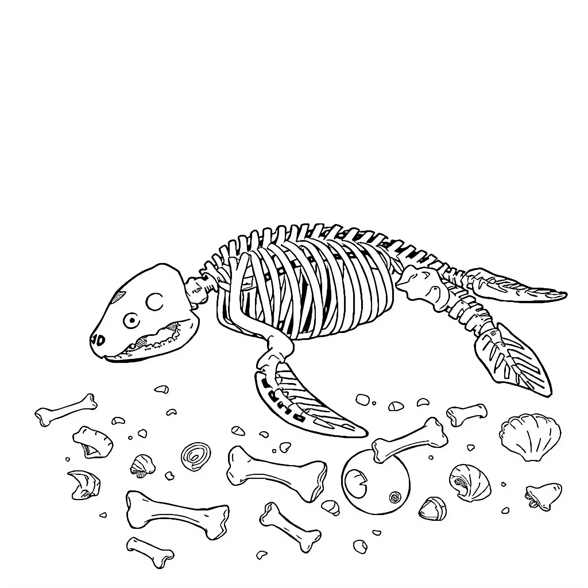Seal exploring underwater fossil remains Coloring Page (free black-and-white line drawing printable PDF for all, from beginners to advanced learners, including children, teens, adults, and seniors)