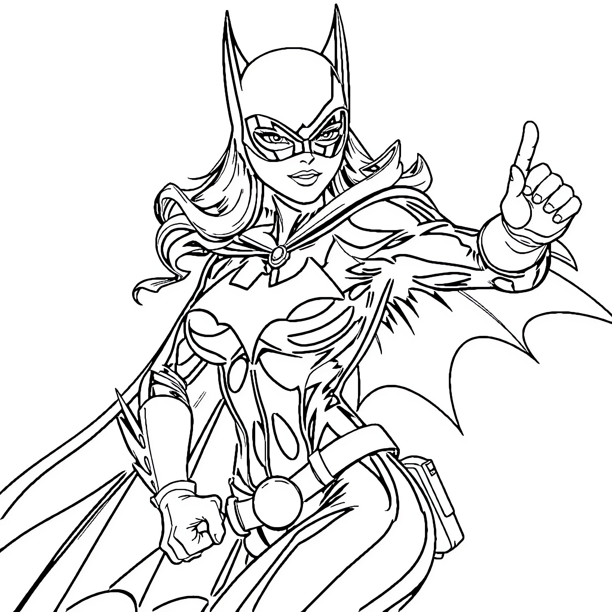 Batgirl in Action-Packed Superhero Pose Coloring Page (free black-and-white line drawing printable PDF for all, from beginners to advanced learners, including children, teens, adults, and seniors)