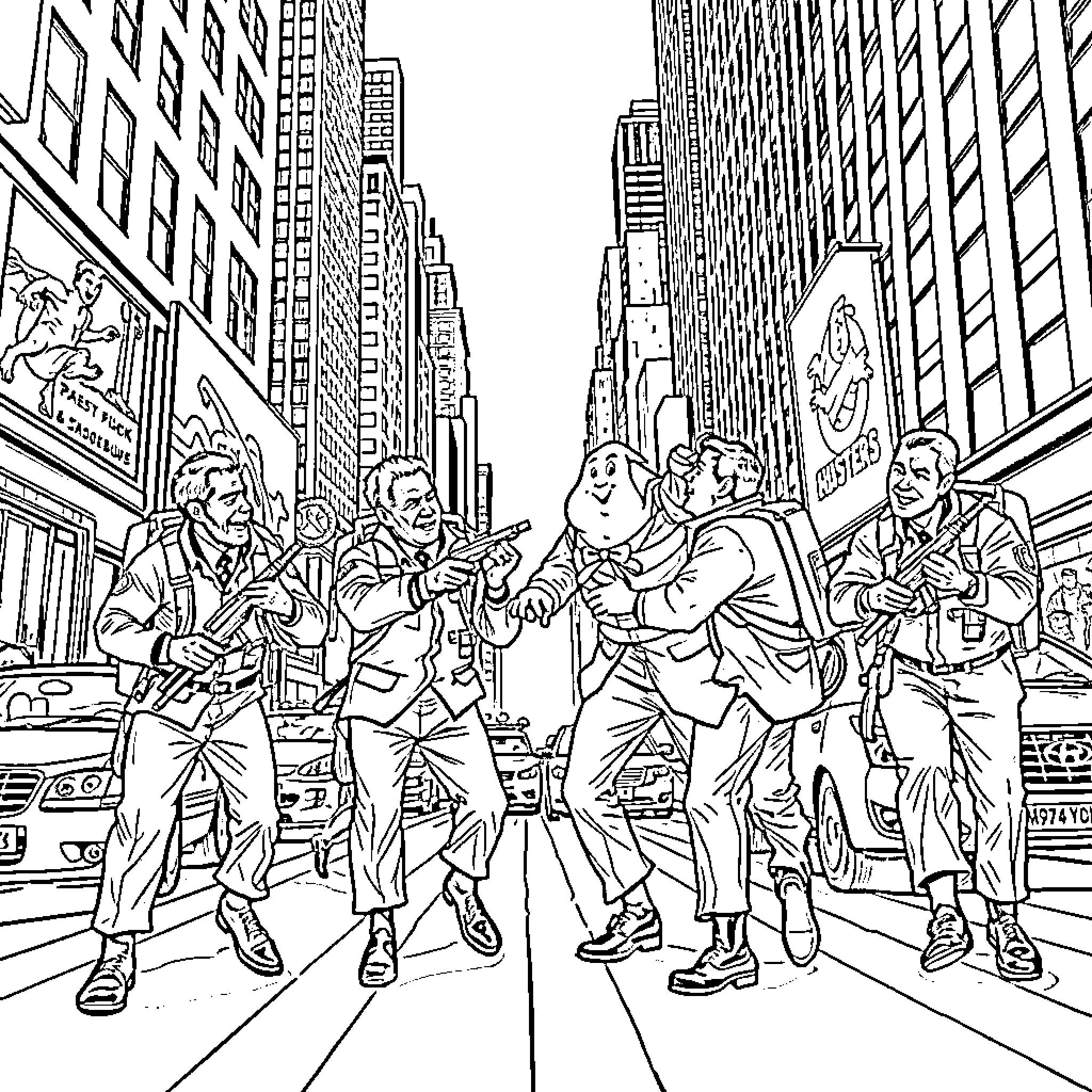Ghostbuster crew on a city street adventure Coloring Page (free black-and-white line drawing printable PDF for all, from beginners to advanced learners, including children, teens, adults, and seniors)