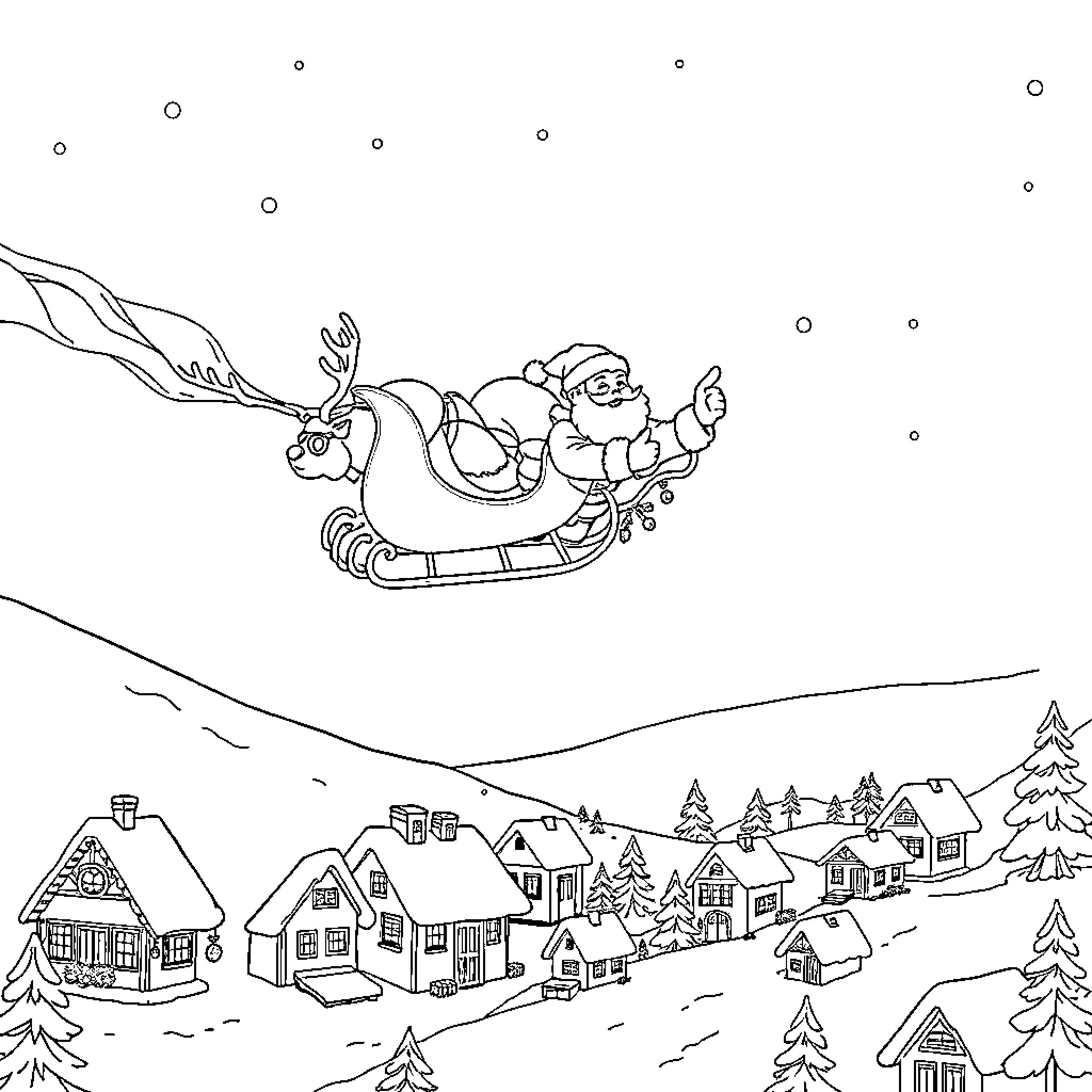 Santa Claus in his sleigh over a snowy village Coloring Page (free black-and-white line drawing printable PDF for all, from beginners to advanced learners, including children, teens, adults, and seniors)