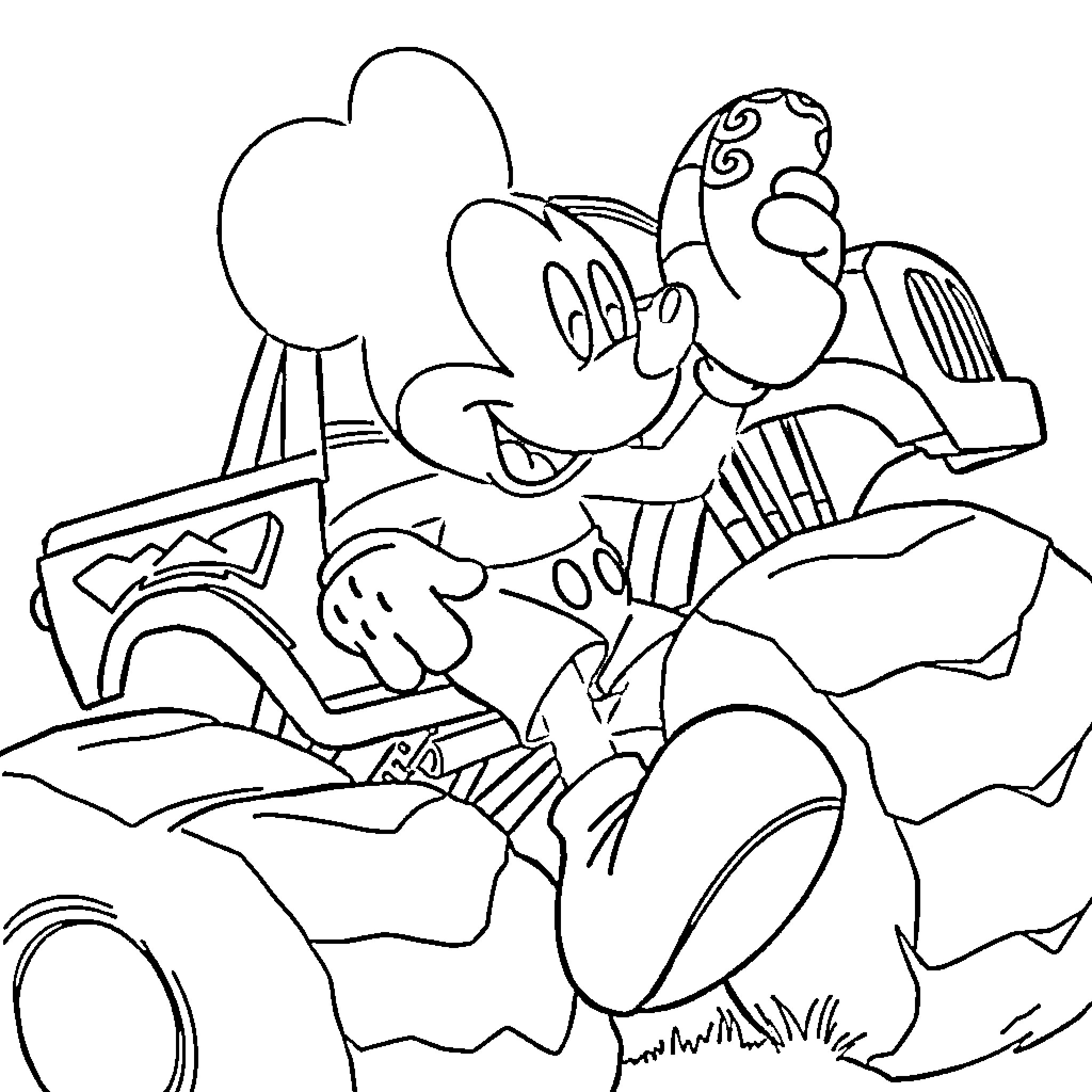 Mickey Mouse driving a vintage car through the countryside Coloring Page (free black-and-white line drawing printable PDF for all, from beginners to advanced learners, including children, teens, adults, and seniors)