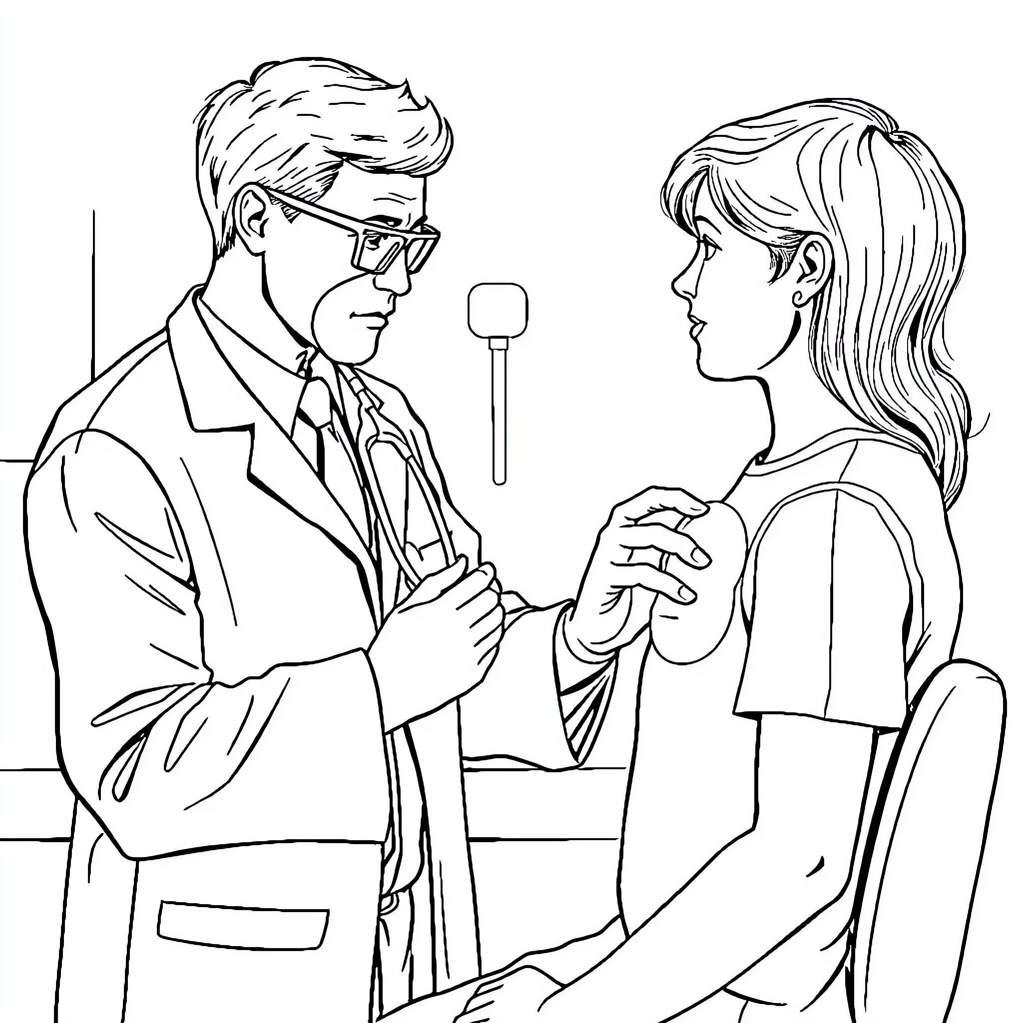 Doctor examining patient during consultation Coloring Page (free black-and-white line drawing printable PDF for all, from beginners to advanced learners, including children, teens, adults, and seniors)