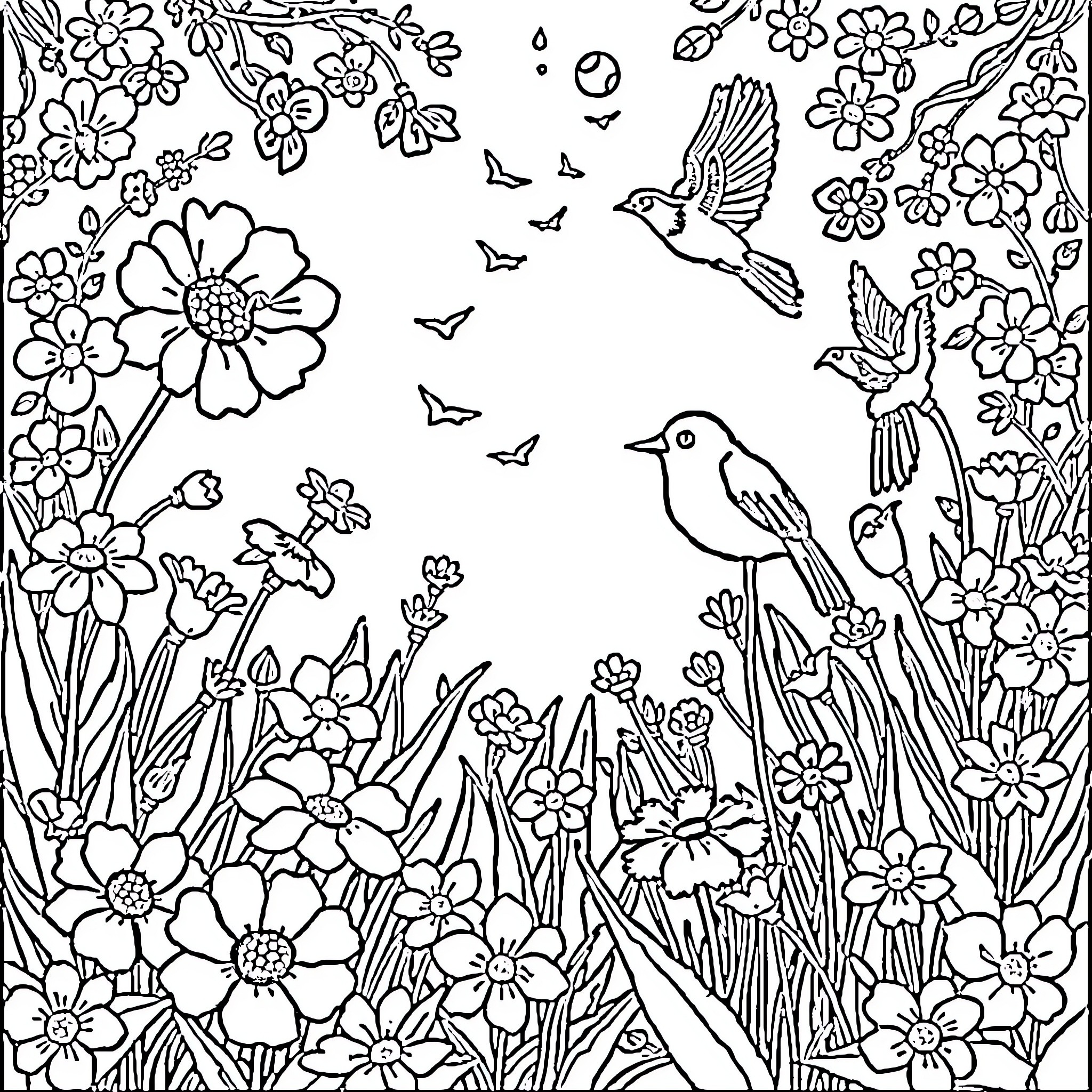 Flower garden with birds and butterflies Coloring Page (free black-and-white line drawing printable PDF for all, from beginners to advanced learners, including children, teens, adults, and seniors)