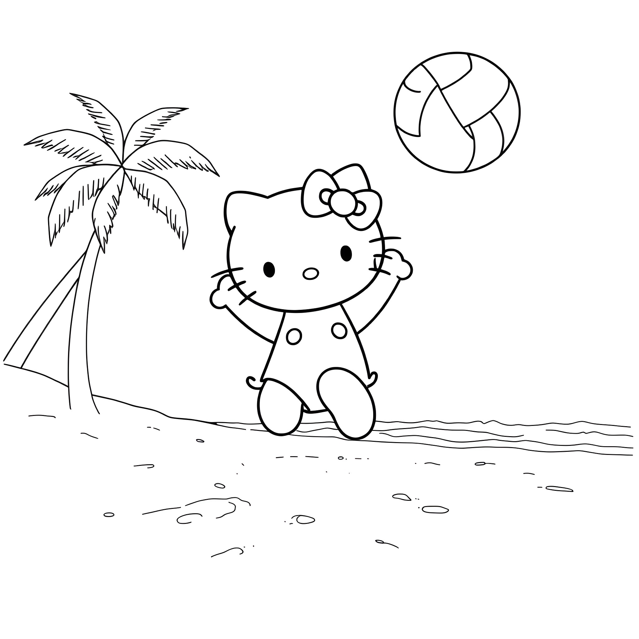 Hello Kitty playing on the beach with a volleyball Coloring Page (free black-and-white line drawing printable PDF for all, from beginners to advanced learners, including children, teens, adults, and seniors)