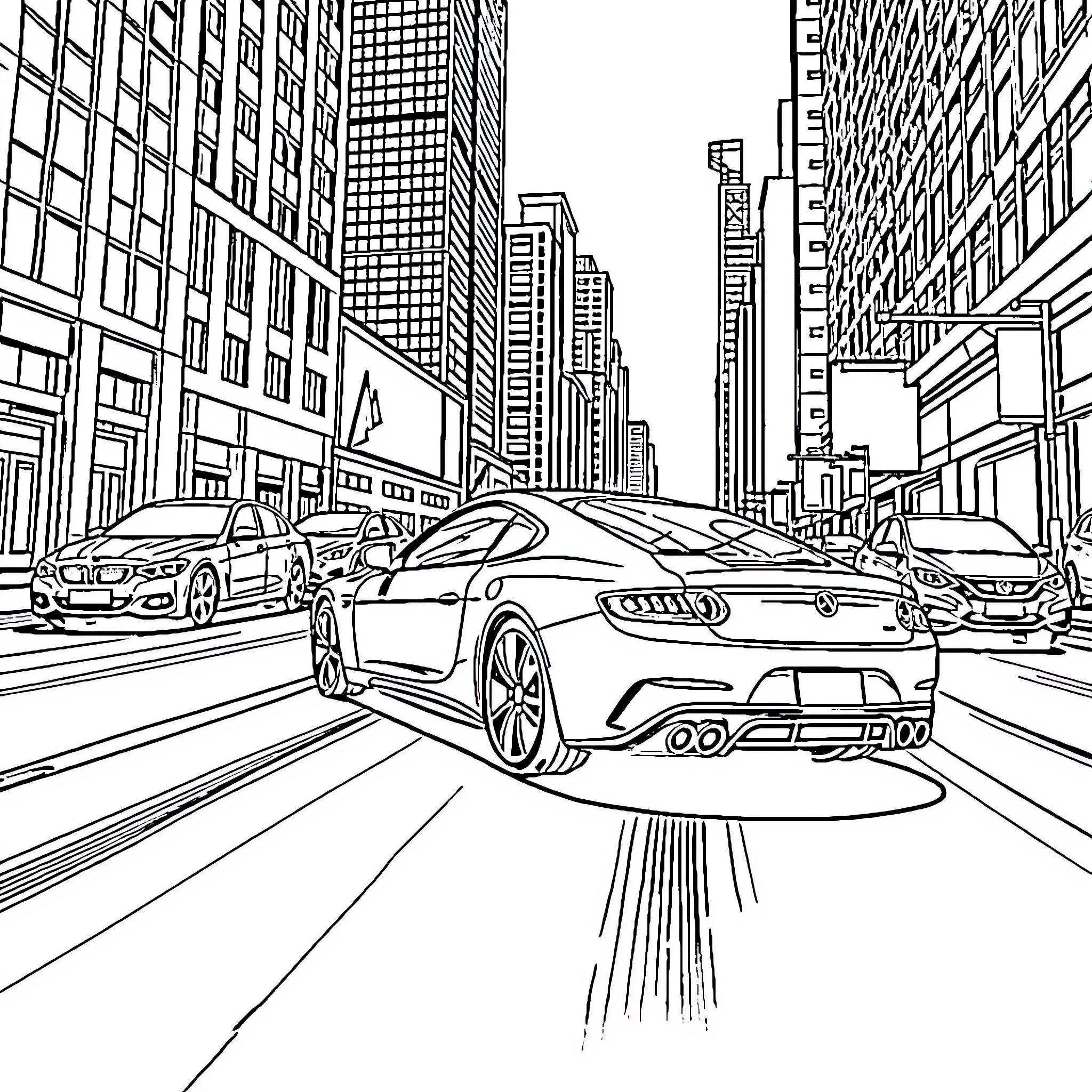 Car speeding through busy city streets Coloring Page (free black-and-white line drawing printable PDF for all, from beginners to advanced learners, including children, teens, adults, and seniors)