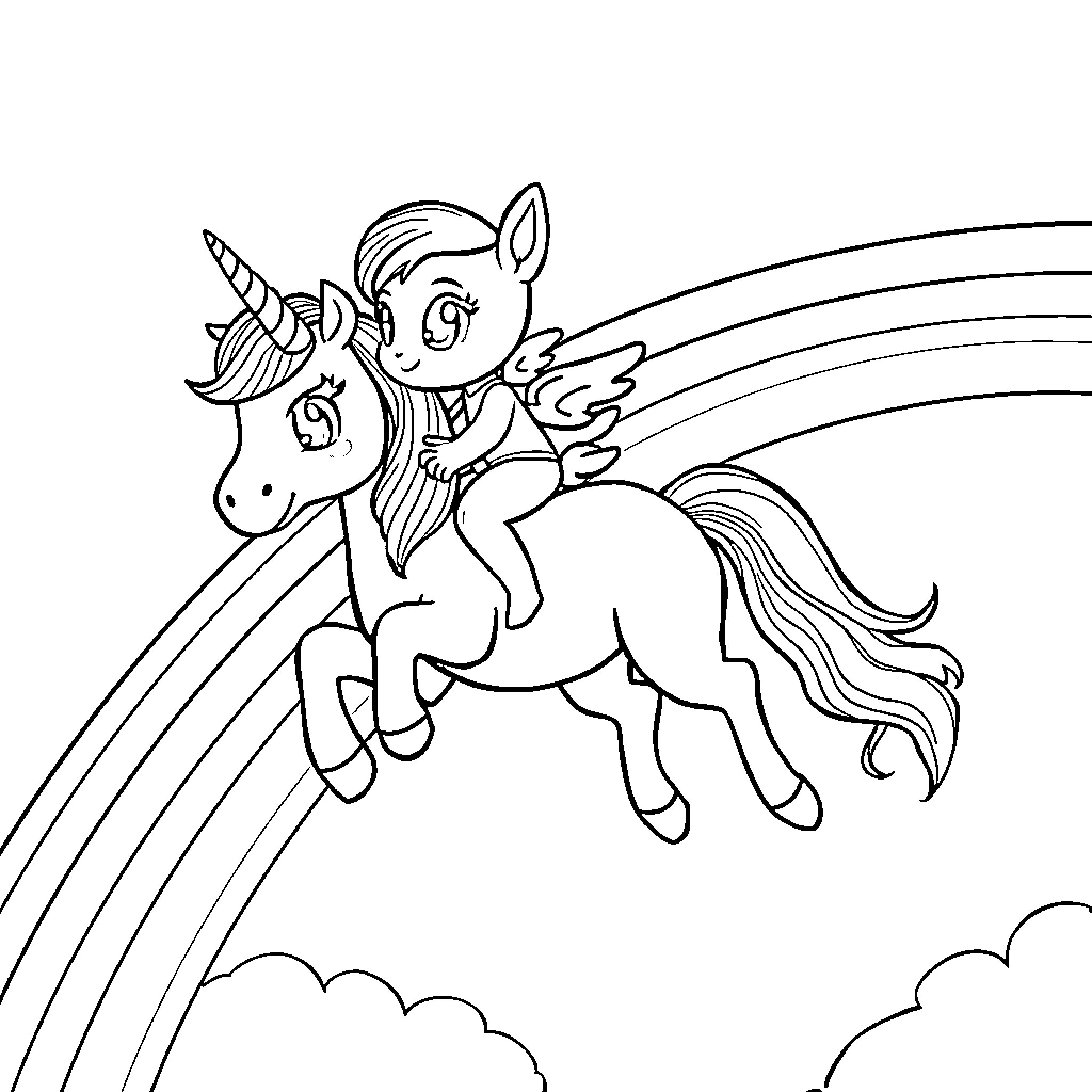 Bluey riding a magical unicorn through the sky Coloring Page (free black-and-white line drawing printable PDF for all, from beginners to advanced learners, including children, teens, adults, and seniors)
