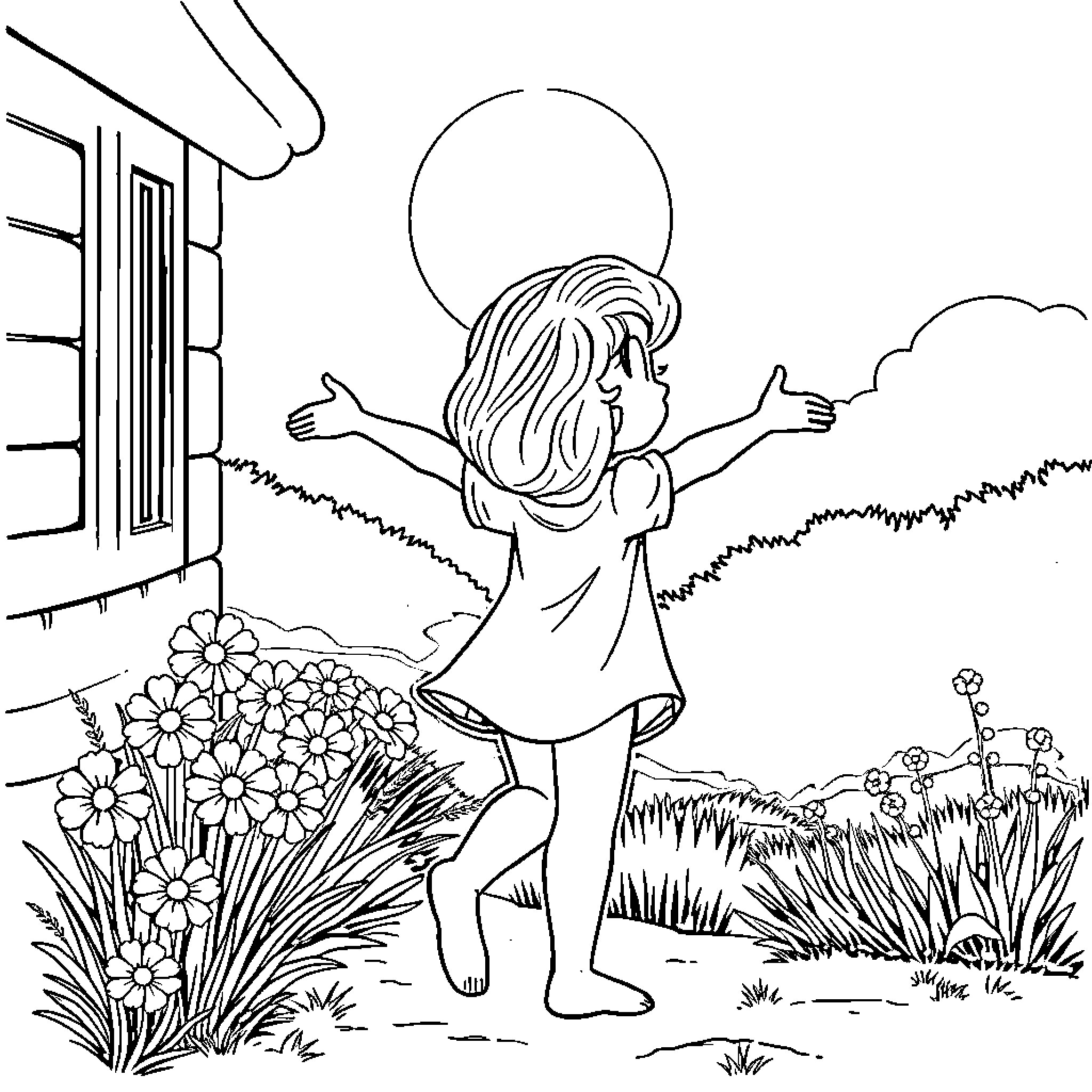 Luna's Joyful Embrace of Nature Coloring Page (free black-and-white line drawing printable PDF for all, from beginners to advanced learners, including children, teens, adults, and seniors)