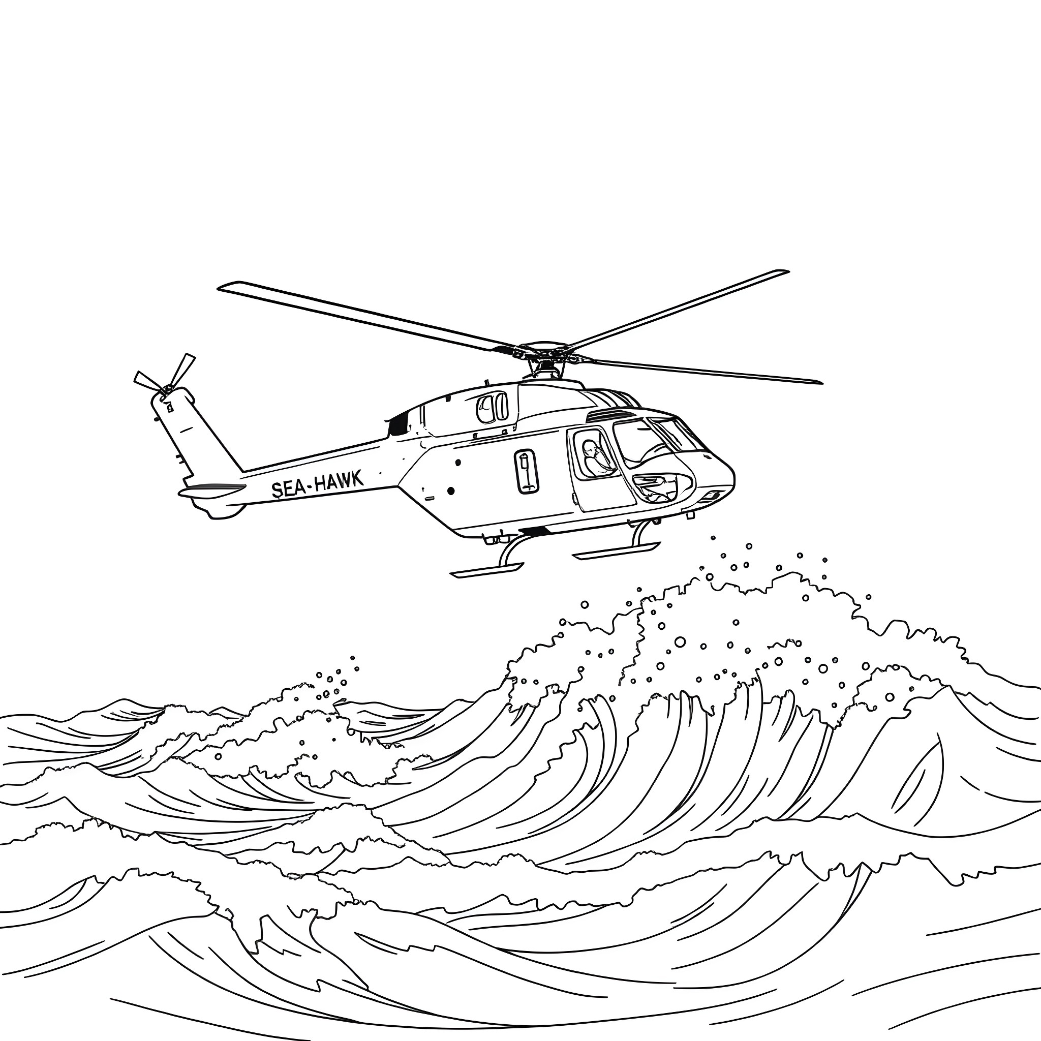 Seahawk helicopter soaring over stormy waves Coloring Page (free black-and-white line drawing printable PDF for all, from beginners to advanced learners, including children, teens, adults, and seniors)