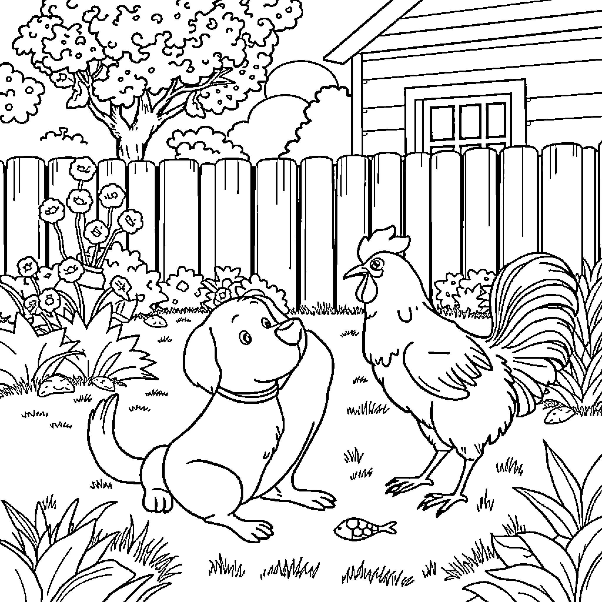 Dog and rooster in a backyard garden Coloring Page (free black-and-white line drawing printable PDF for all, from beginners to advanced learners, including children, teens, adults, and seniors)