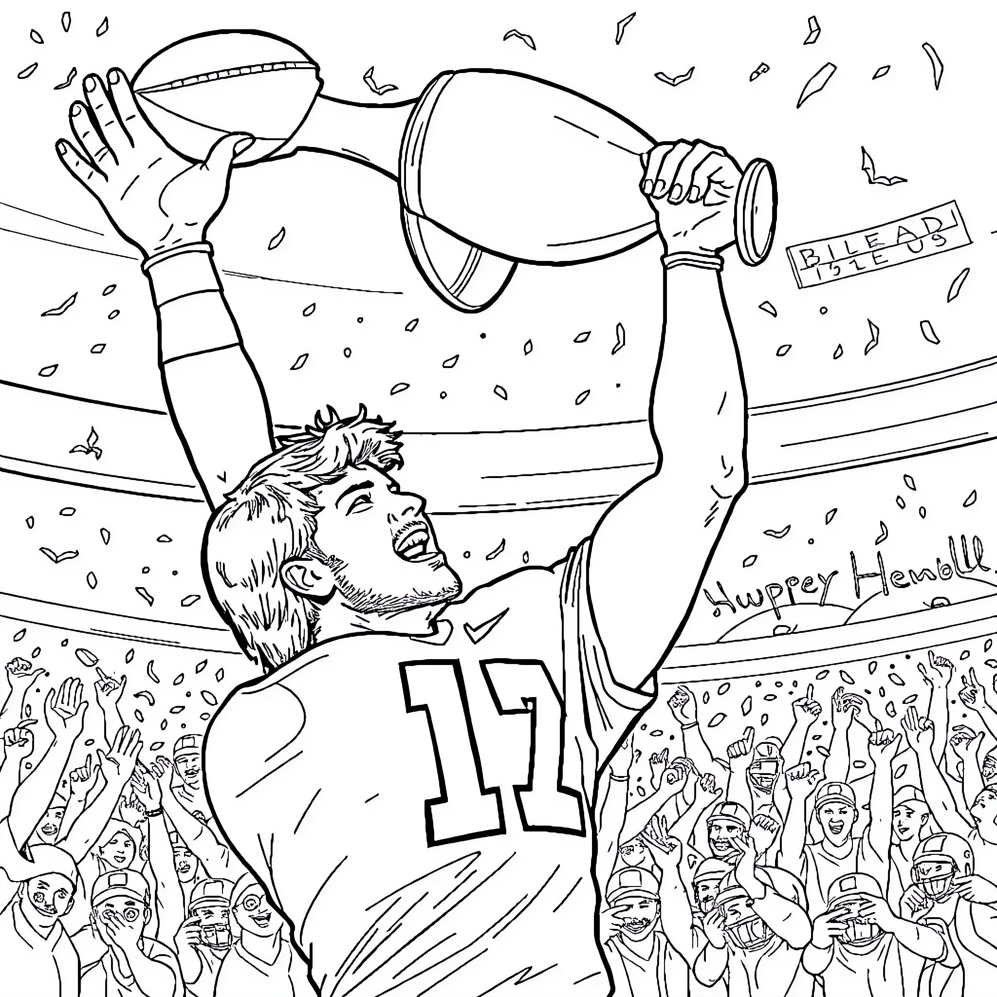 Justin Herbert celebrates victory on the field Coloring Page (free black-and-white line drawing printable PDF for all, from beginners to advanced learners, including children, teens, adults, and seniors)