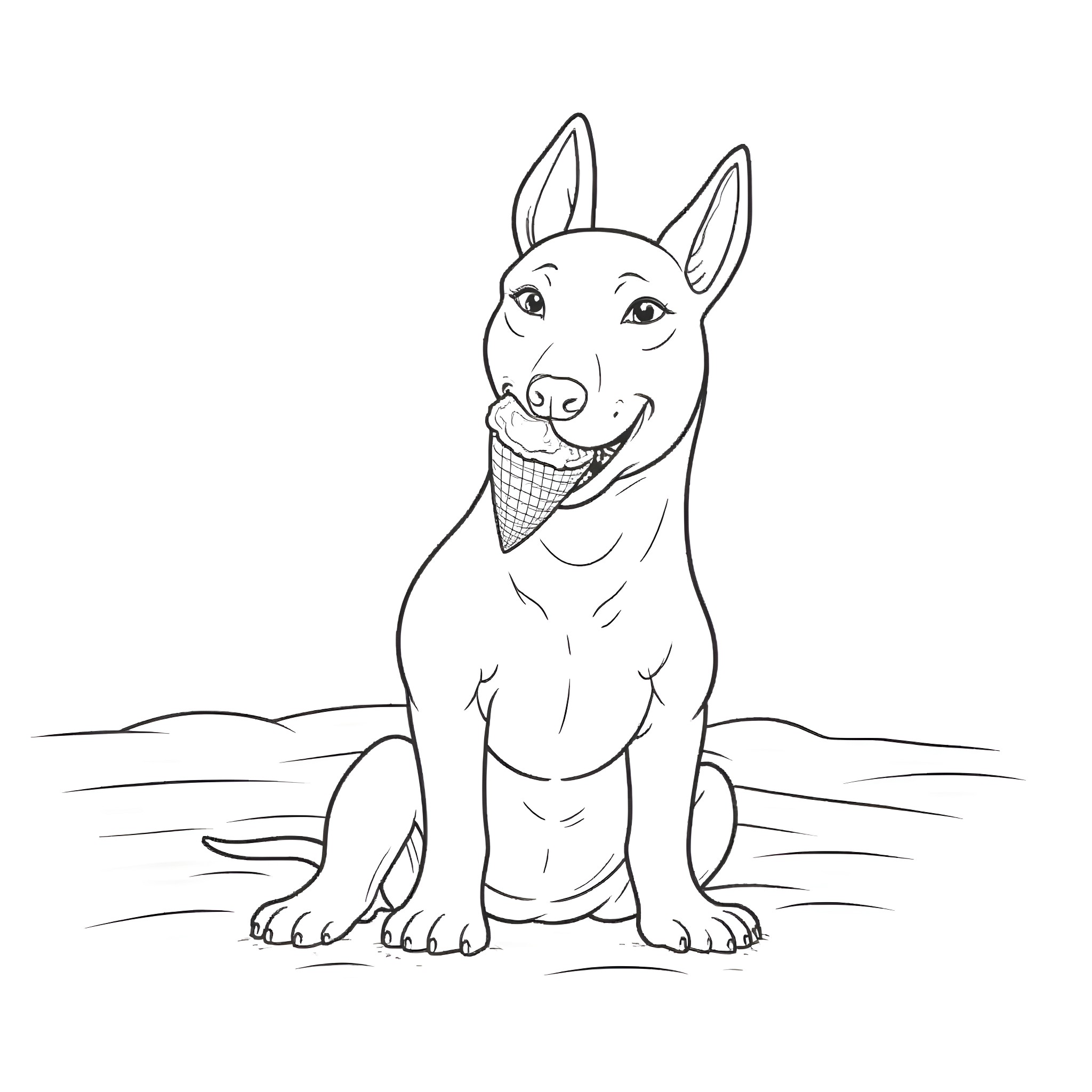 Bull Terrier enjoying an ice cream cone Coloring Page (free black-and-white line drawing printable PDF for all, from beginners to advanced learners, including children, teens, adults, and seniors)