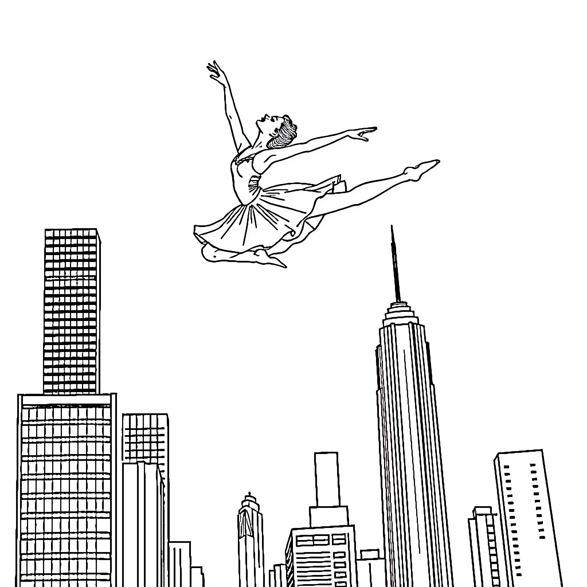 Ballerina dancing gracefully against urban skyline Coloring Page (free black-and-white line drawing printable PDF for all, from beginners to advanced learners, including children, teens, adults, and seniors)