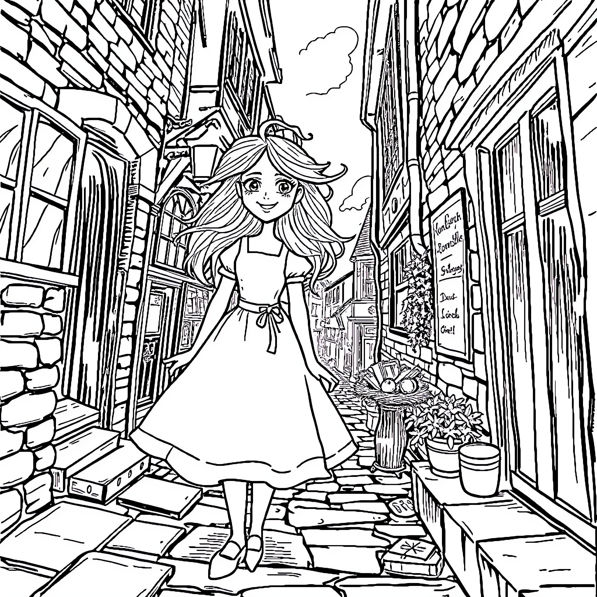 Alice Explores the Charming Cobblestone Street Coloring Page (free black-and-white line drawing printable PDF for all, from beginners to advanced learners, including children, teens, adults, and seniors)