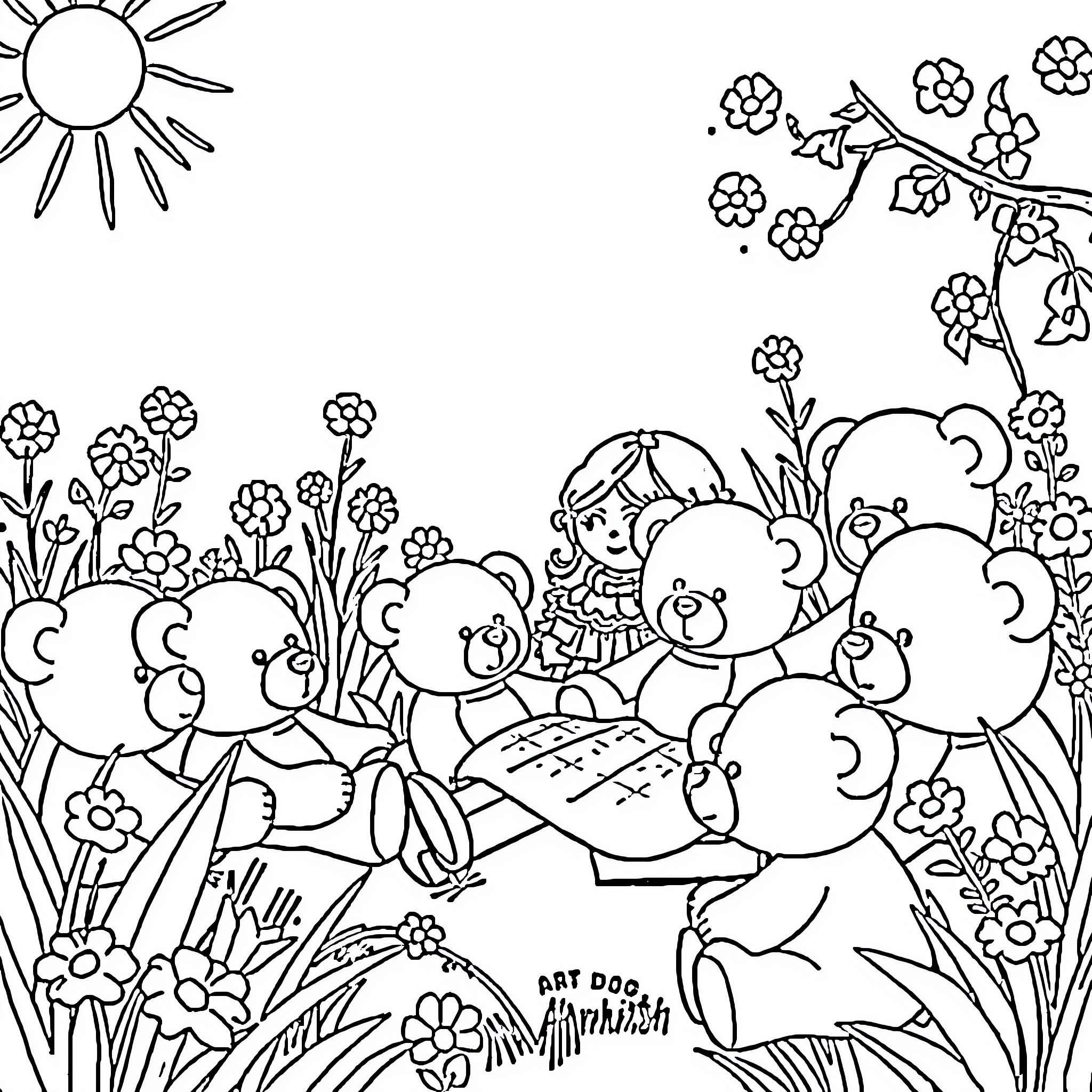 Teddy Bears playing in a floral meadow Coloring Page (free black-and-white line drawing printable PDF for all, from beginners to advanced learners, including children, teens, adults, and seniors)