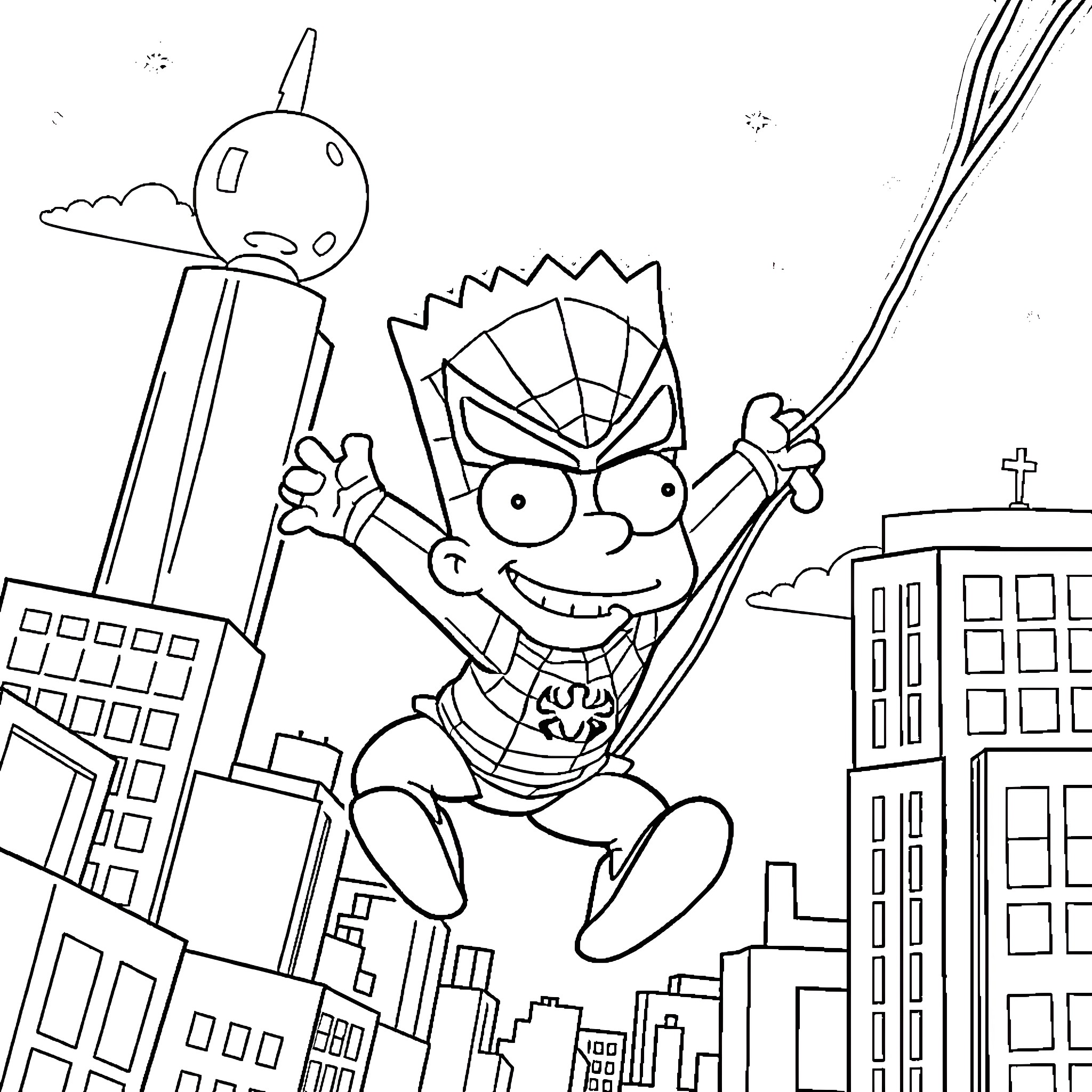 Bart Simpson Swinging Wildly Through City Skyline Coloring Page (free black-and-white line drawing printable PDF for all, from beginners to advanced learners, including children, teens, adults, and seniors)
