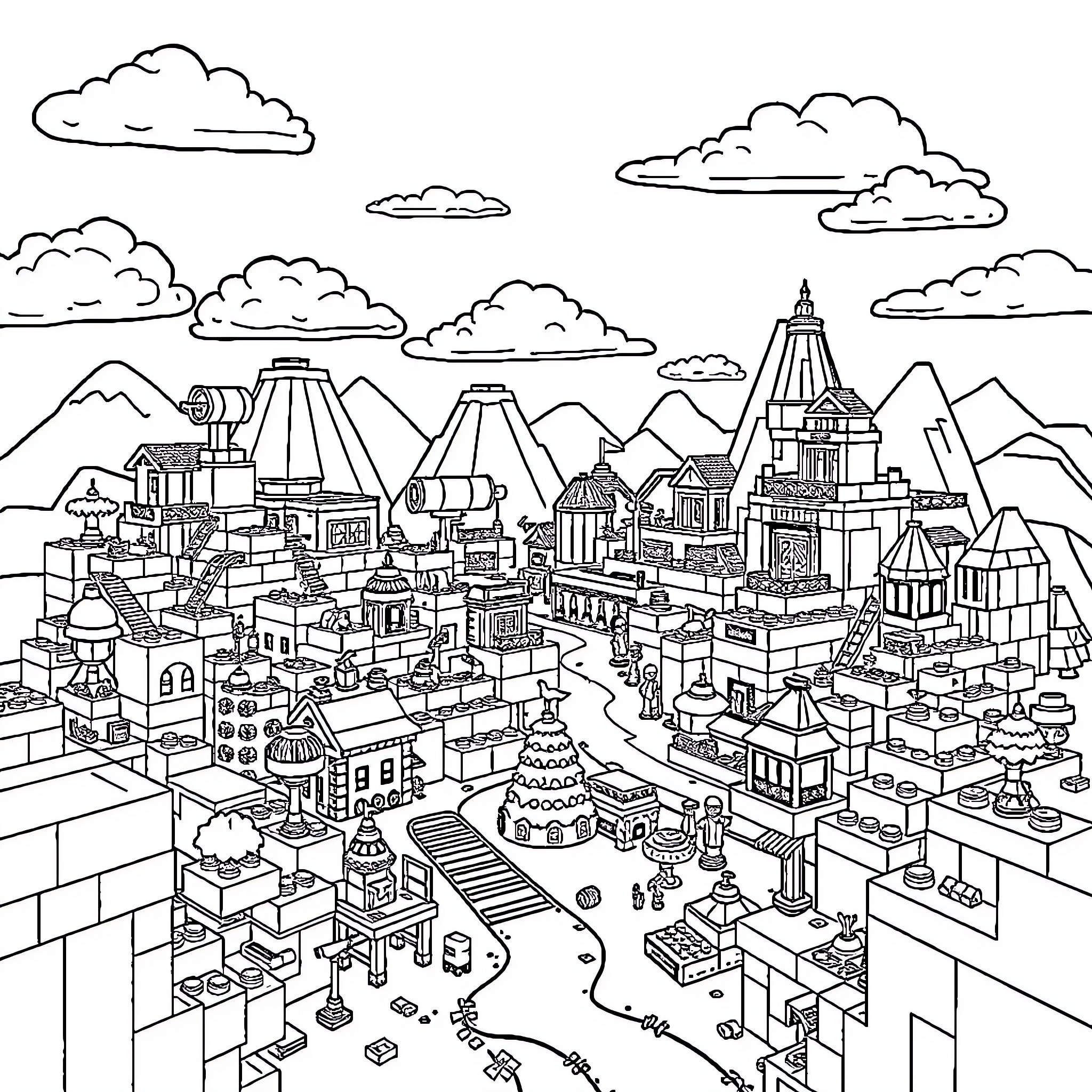 Minecraft fantasy city with mountains and clouds Coloring Page (free black-and-white line drawing printable PDF for all, from beginners to advanced learners, including children, teens, adults, and seniors)