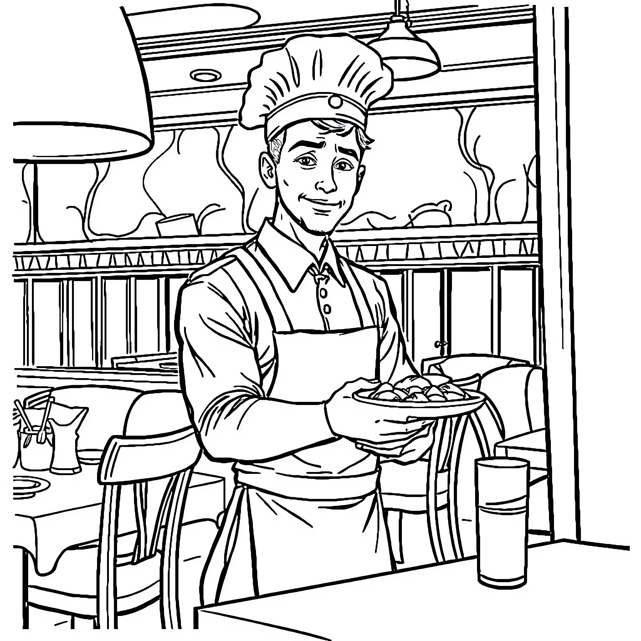 Soldier serving food in a busy kitchen Coloring Page (free black-and-white line drawing printable PDF for all, from beginners to advanced learners, including children, teens, adults, and seniors)