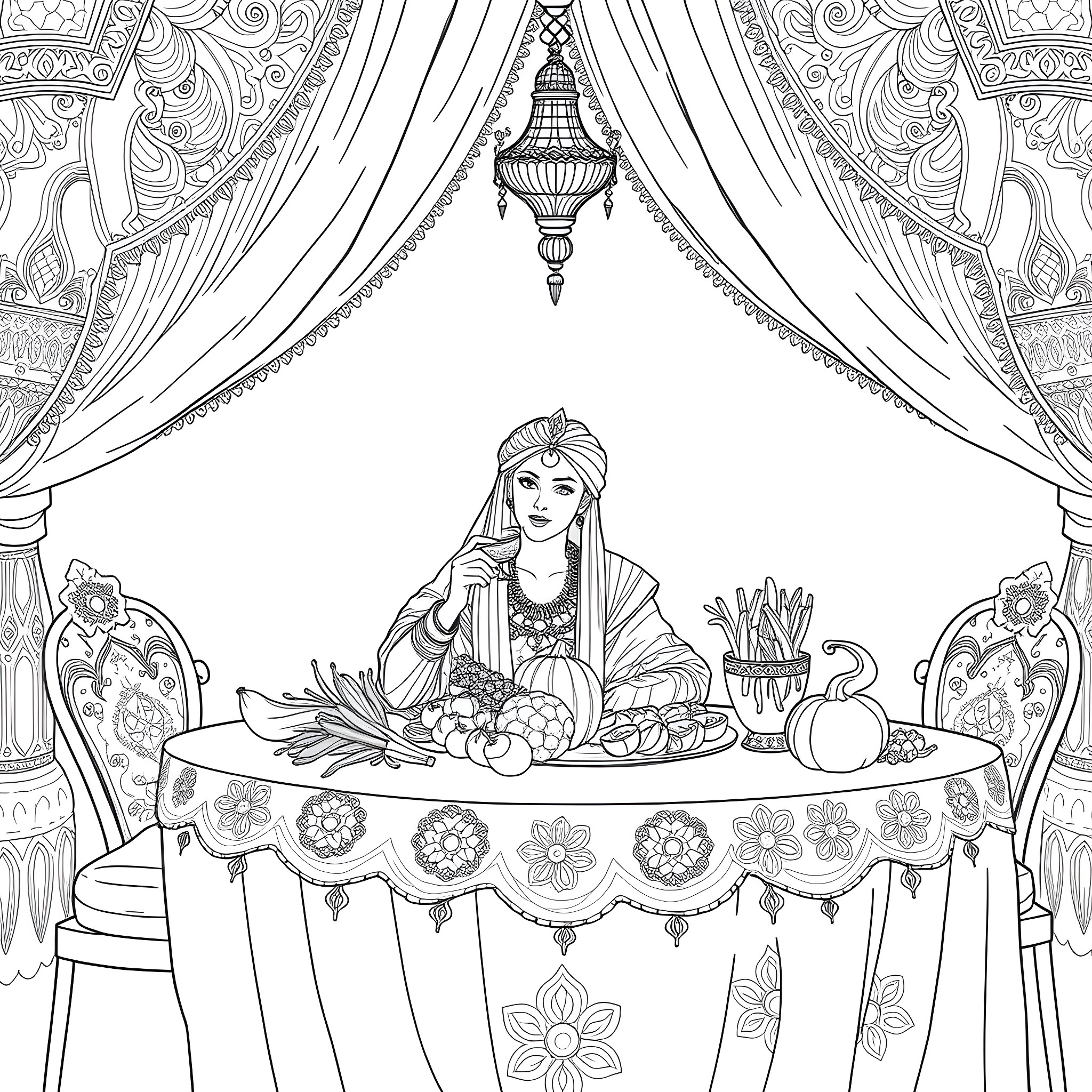 Ottoman-style Feast with a Young Woman Coloring Page (free black-and-white line drawing printable PDF for all, from beginners to advanced learners, including children, teens, adults, and seniors)
