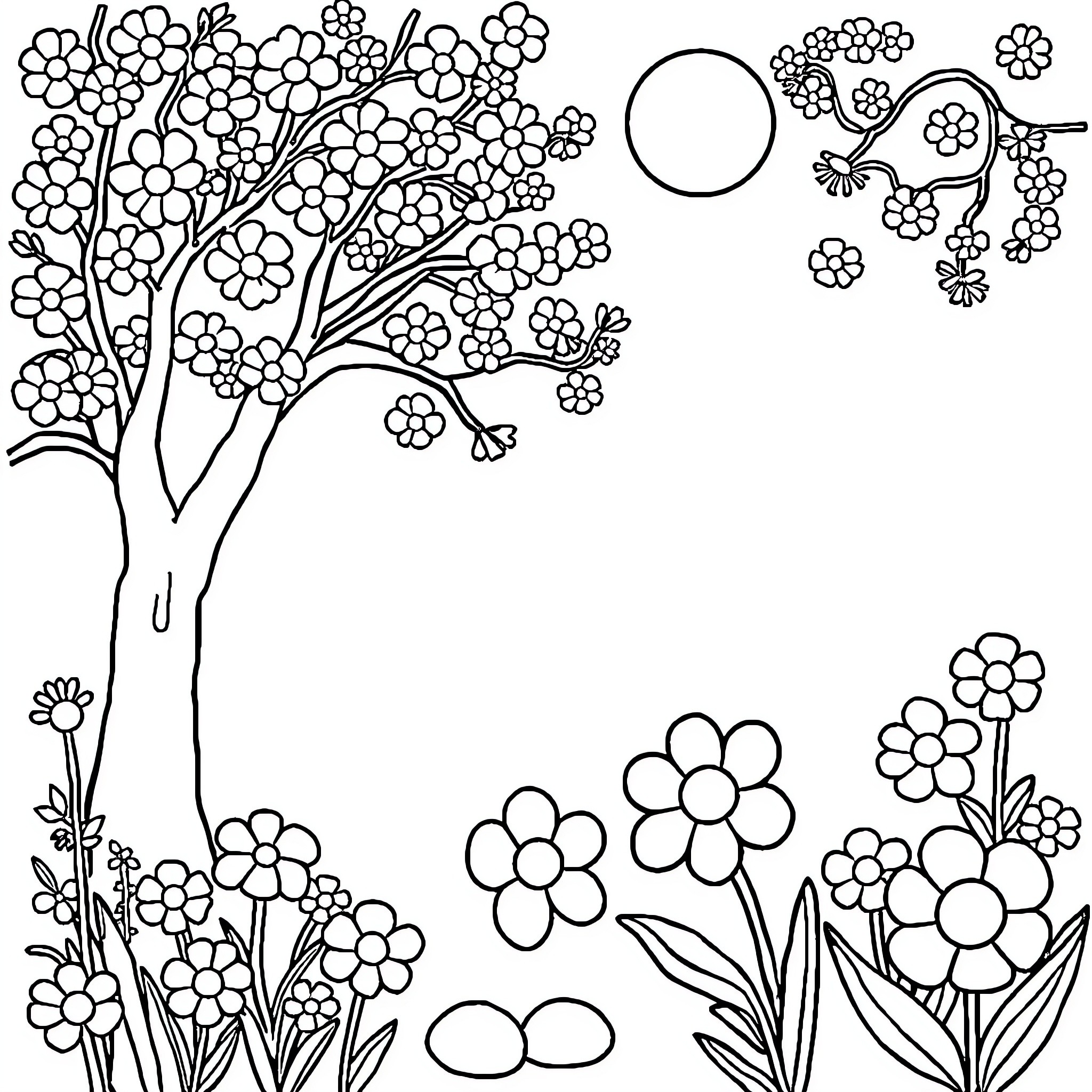 Spring blossoms and flowers in the garden Coloring Page (free black-and-white line drawing printable PDF for all, from beginners to advanced learners, including children, teens, adults, and seniors)