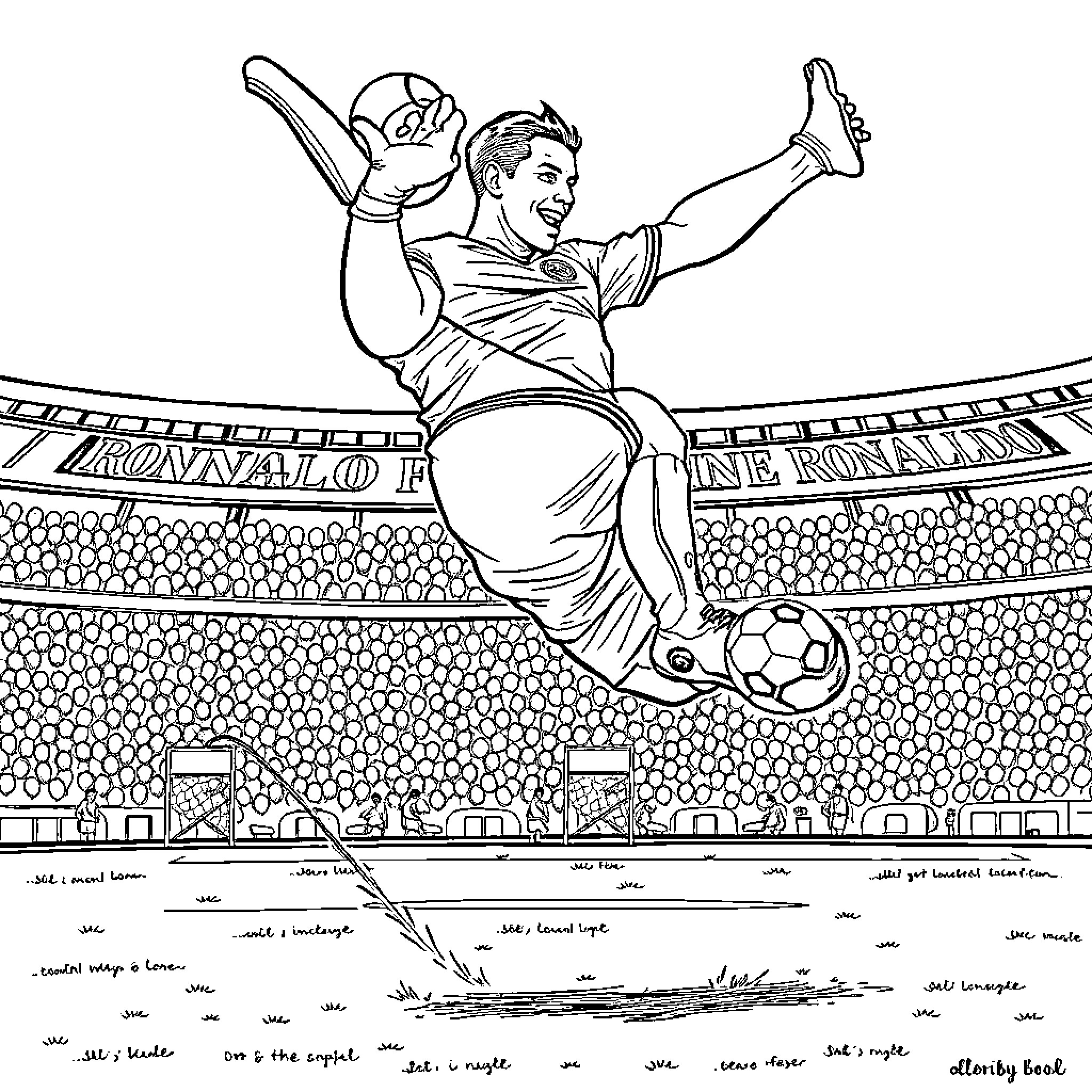 Ronaldo's Acrobatic Soccer Celebration in the Stadium Coloring Page (free black-and-white line drawing printable PDF for all, from beginners to advanced learners, including children, teens, adults, and seniors)