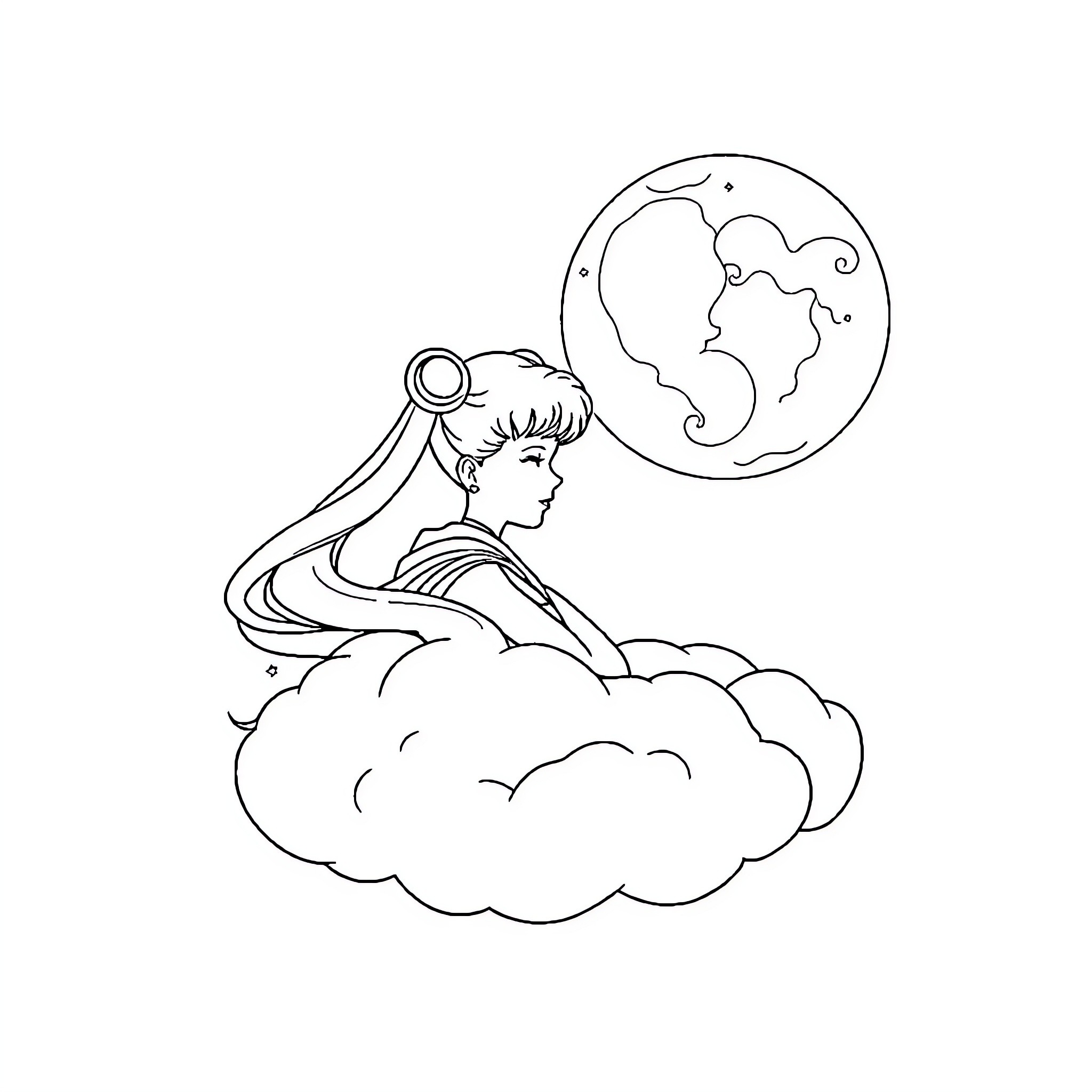 Sailor Moon gazing upon the moon in the clouds Coloring Page (free black-and-white line drawing printable PDF for all, from beginners to advanced learners, including children, teens, adults, and seniors)