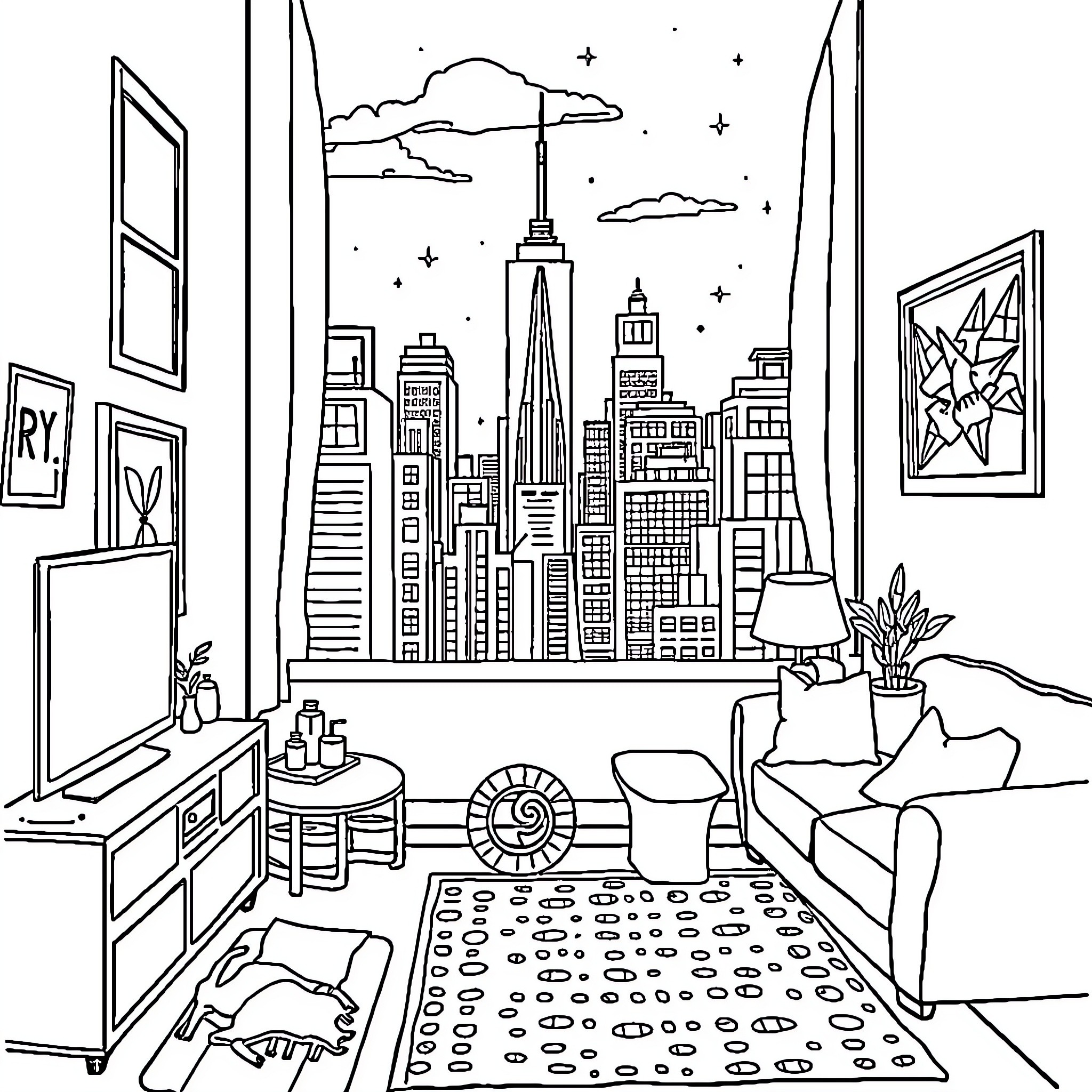 Seahorse exploring a modern city apartment Coloring Page (free black-and-white line drawing printable PDF for all, from beginners to advanced learners, including children, teens, adults, and seniors)