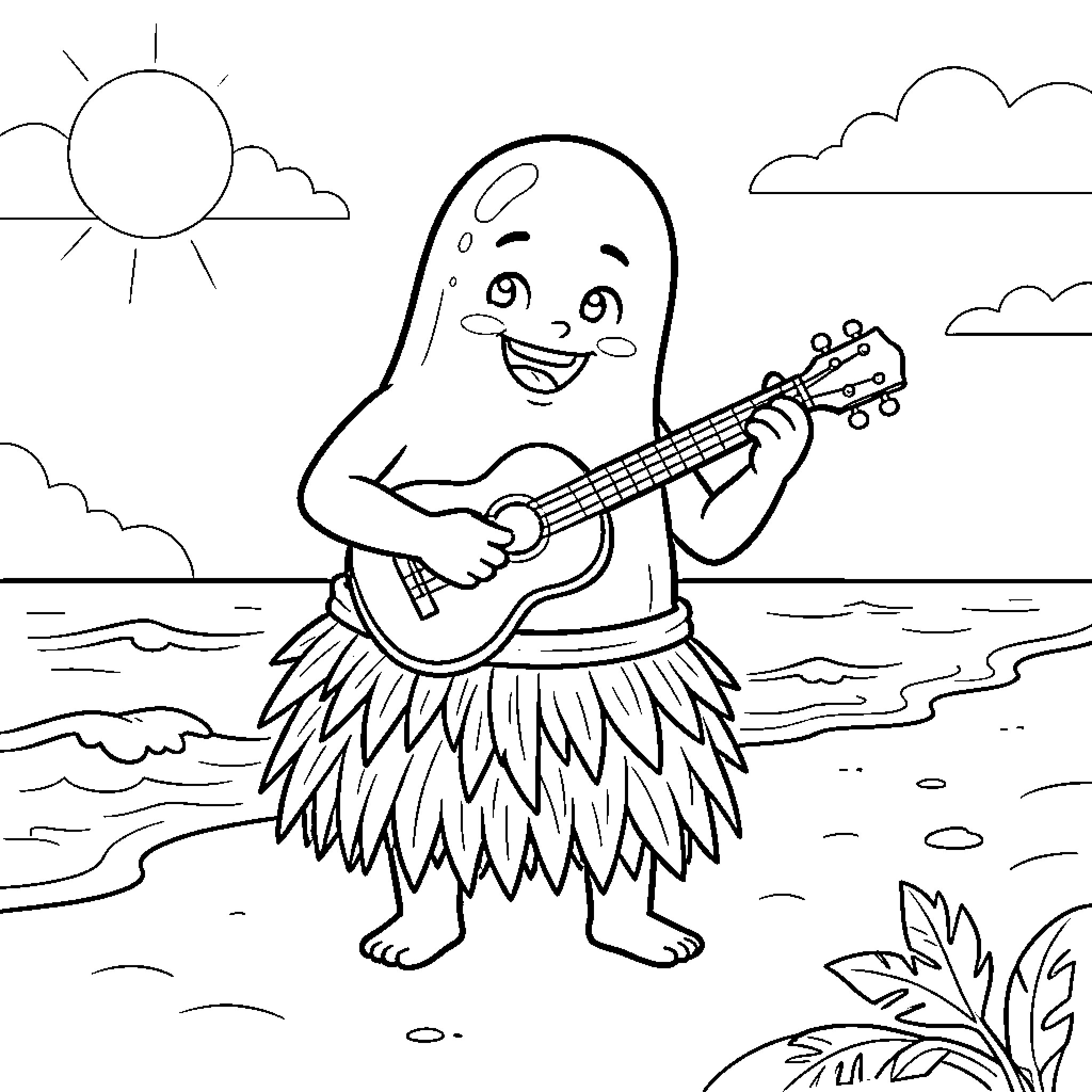 Jelly Bean playing guitar on the beach Coloring Page (free black-and-white line drawing printable PDF for all, from beginners to advanced learners, including children, teens, adults, and seniors)